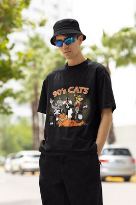 ​Tricou Unisex OVERSIZED 90's Cats, 100% BUMBAC, Negru