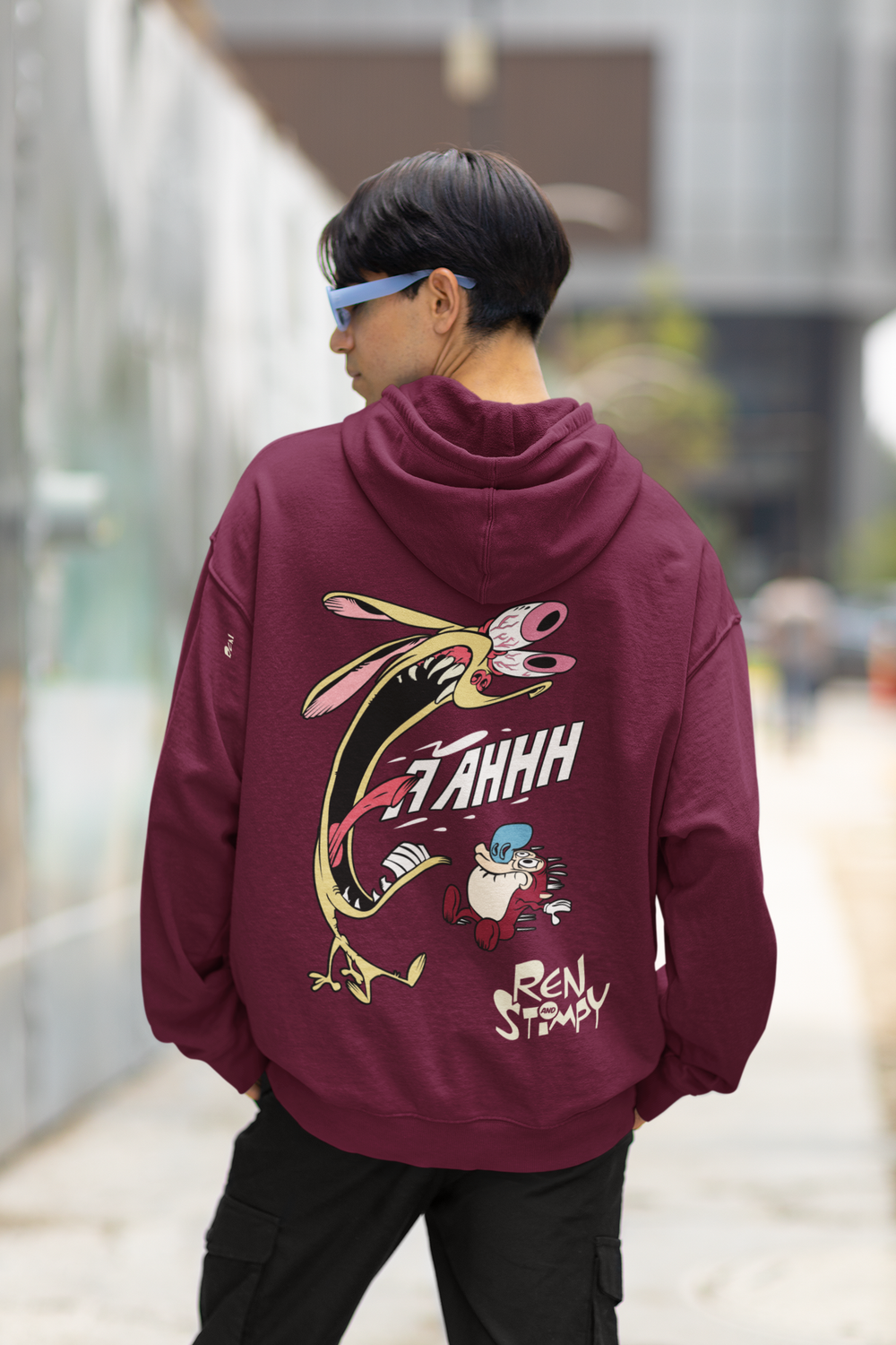 Hanorac Unisex Oversized Ren Stimpy, Bumbac 100%, Visiniu Bordo