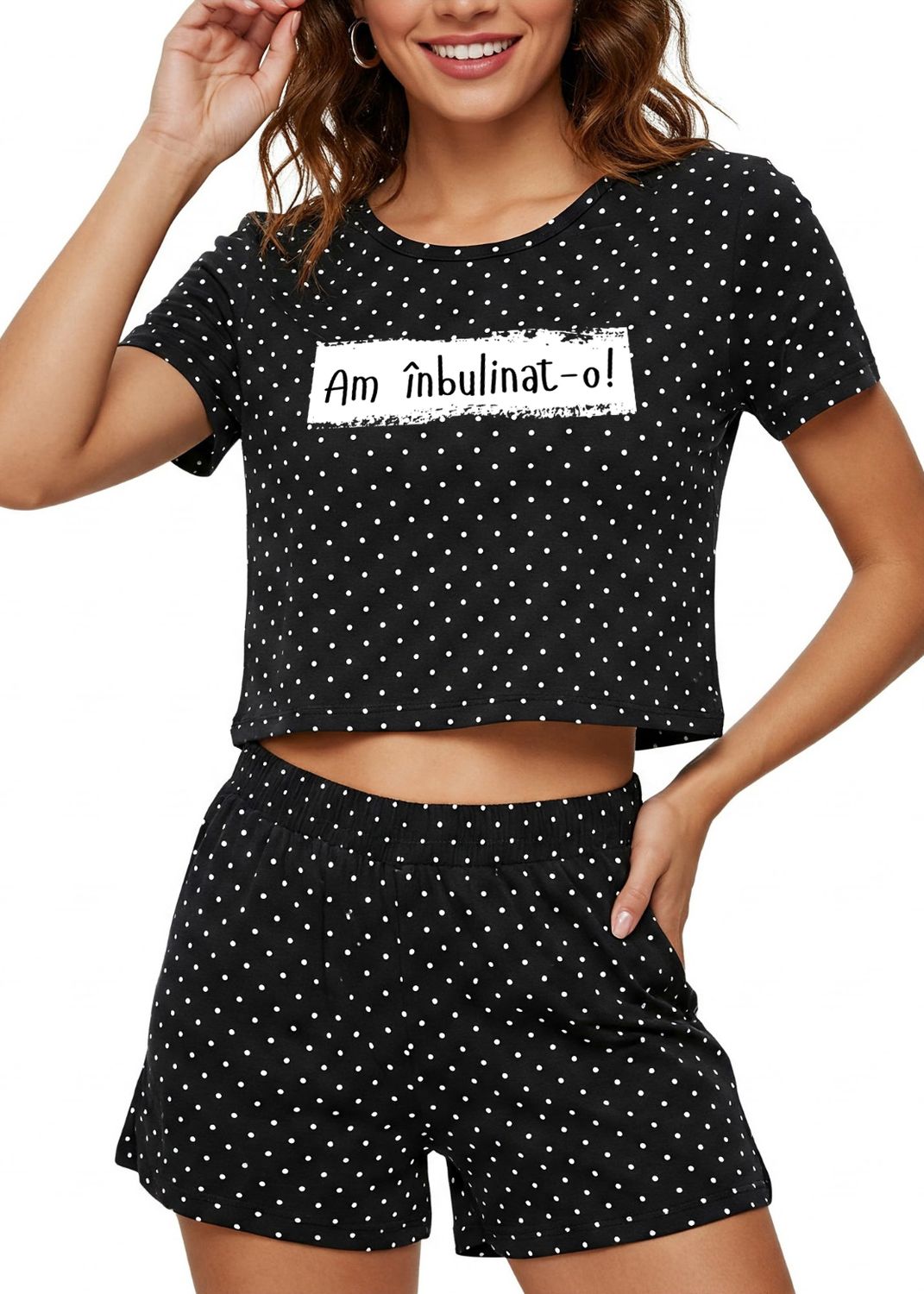 Set Pijama Damă "Am Inbulinato" cu Buline Albe