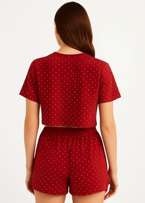 Set Pijama Damă Rosu cu Buline Albe - Crop Top și Pantaloni Scurți