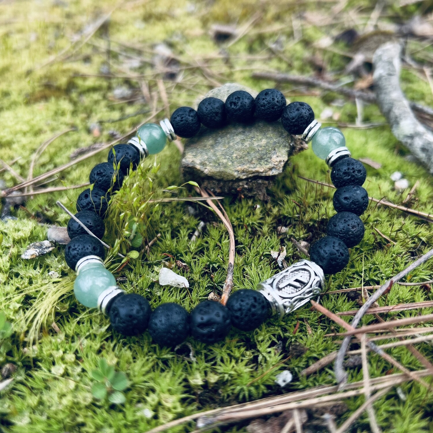 Lucky Lava Stone Rune Bracelets With Green Aventurine