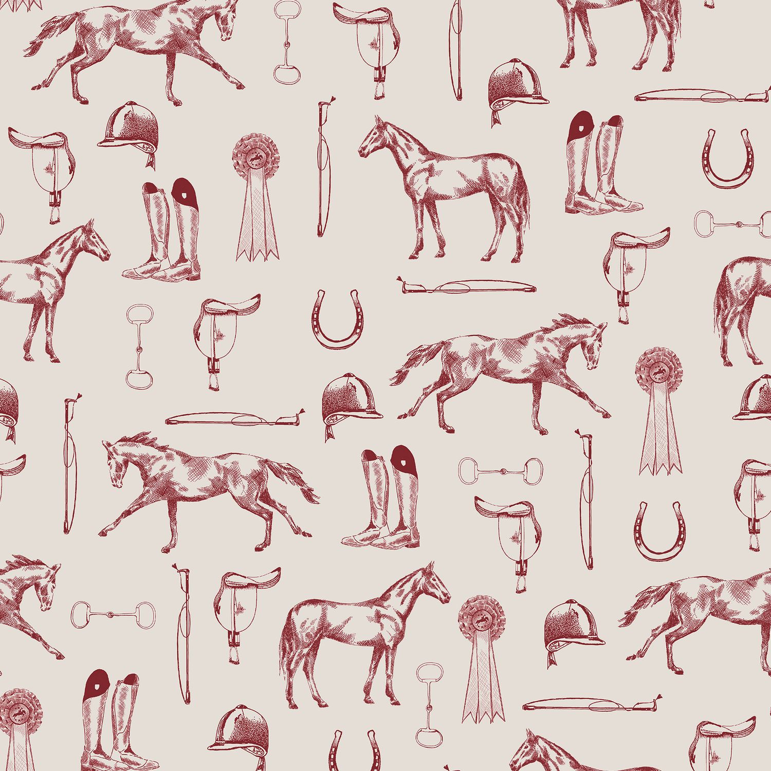 Joules Sketched Equestrian Burgandy Wallpaper