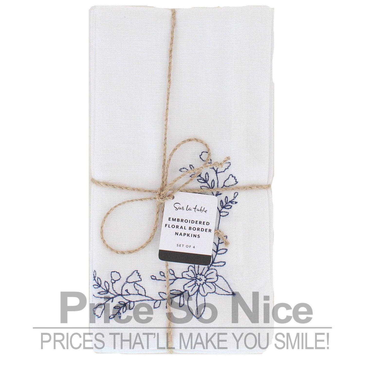 Sur La Table Embroidered Floral Border, Set of 4, Indigo MSRP $35