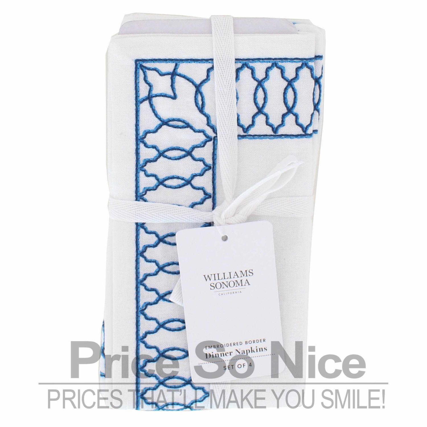 Williams Sonoma Embroidered Lattice Border Blue Napkins, Set of 4 MSRP $50