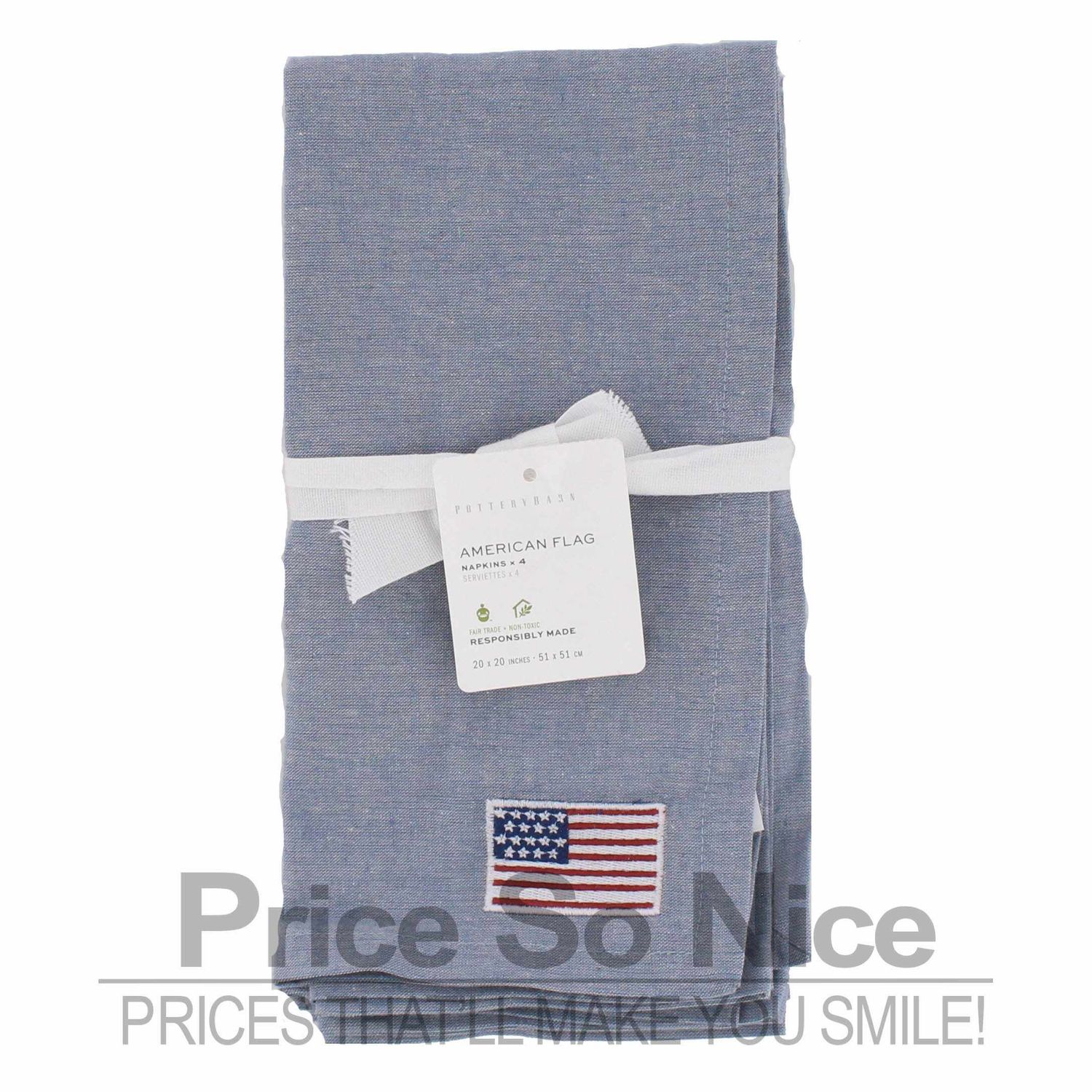 Pottery Barn American Flag Icon Cotton/Linen Napkins - Set of 4, MSRP $48