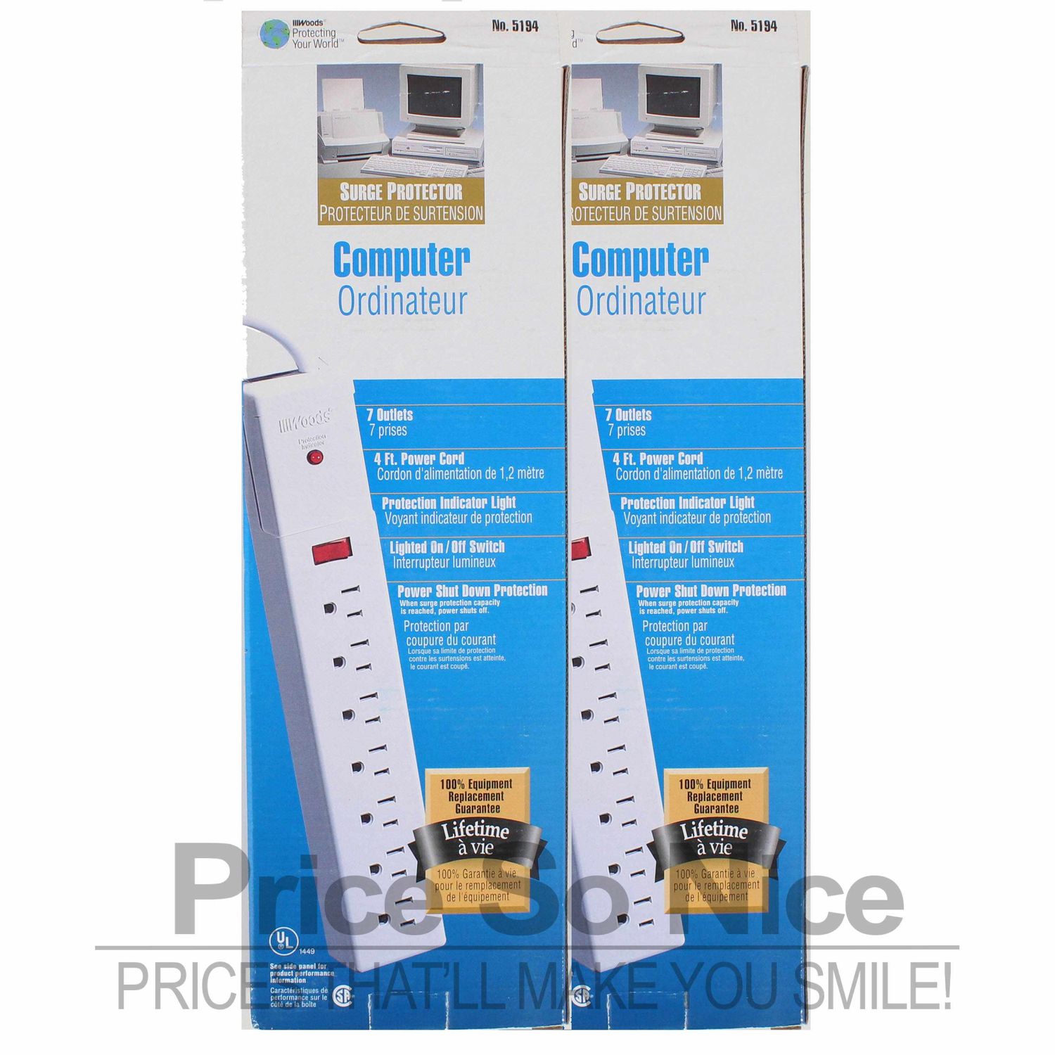 Woods 2 Pack - 7 Outlet 219 Joule Surge Protector w/ 100% Lifetime Replacement