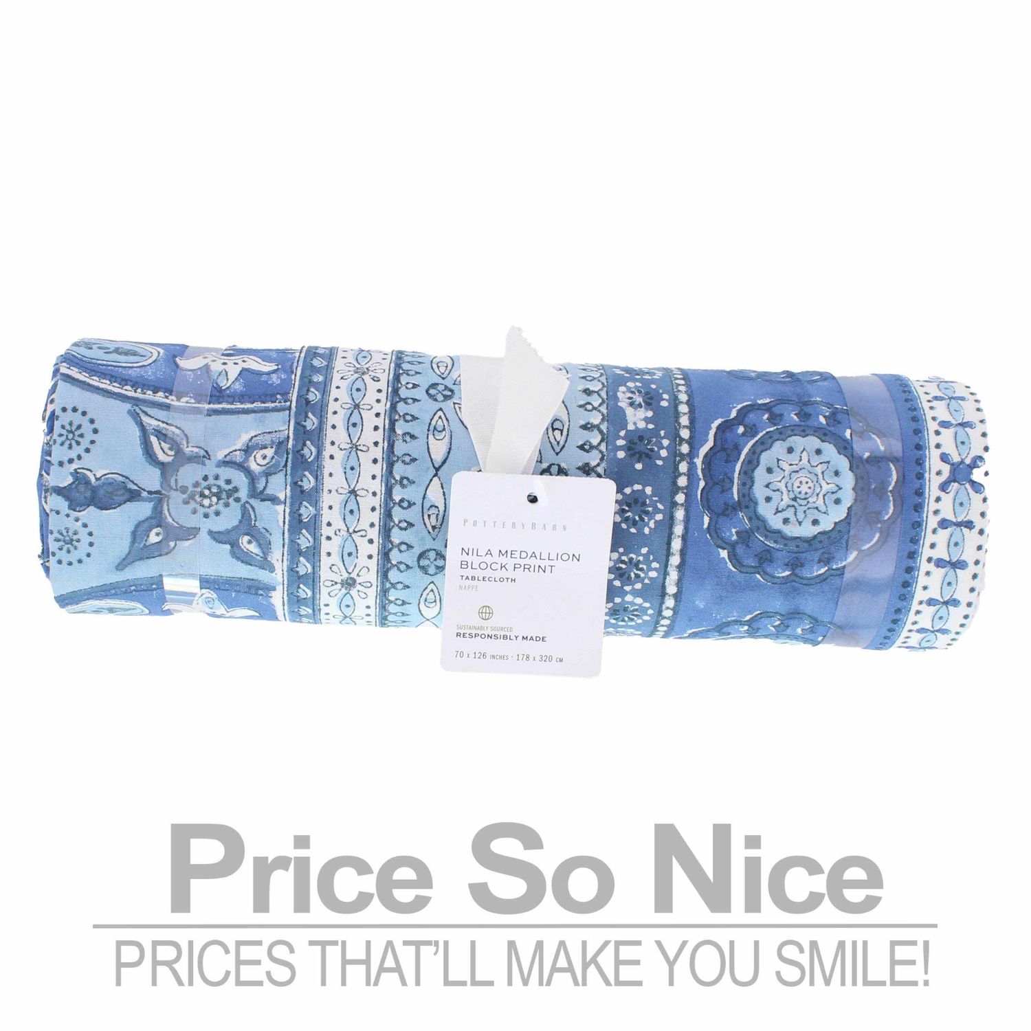 Pottery Barn Nila Medallion Block Print Tablecloth - 70x126&quot; MSRP $129