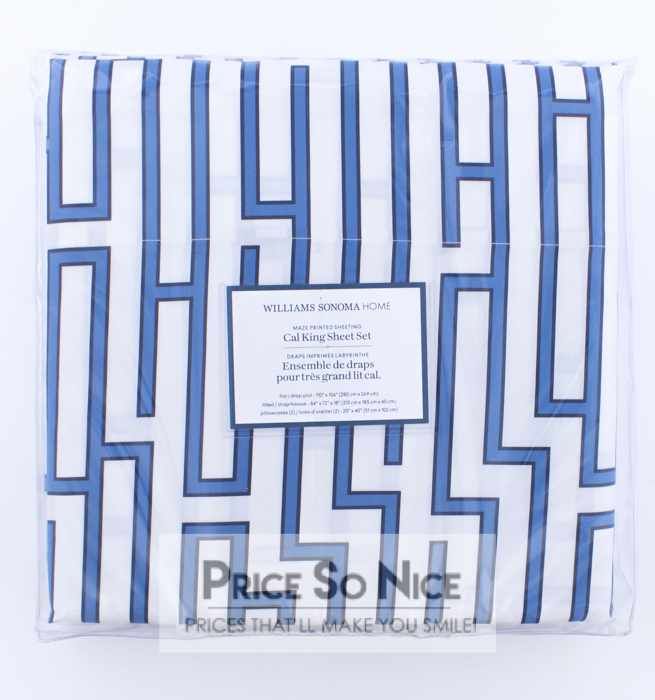 Williams Sonoma Cal King Sheet Set - Blue/White Maze MSRP $349