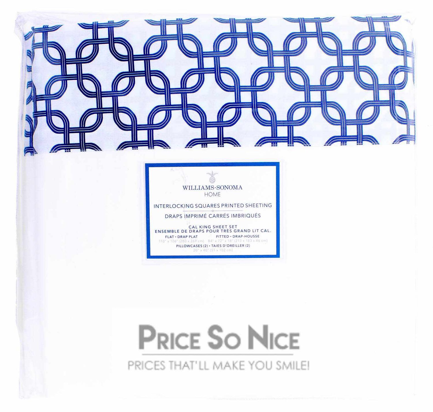 Williams Sonoma Home Interlocking Squares Printed Sheeting King MSRP $329