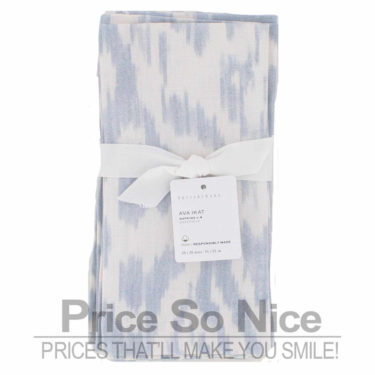 Pottery Barn Chambray Blue Ava Ikat Print Organic Cotton Napkins - Set of 4
