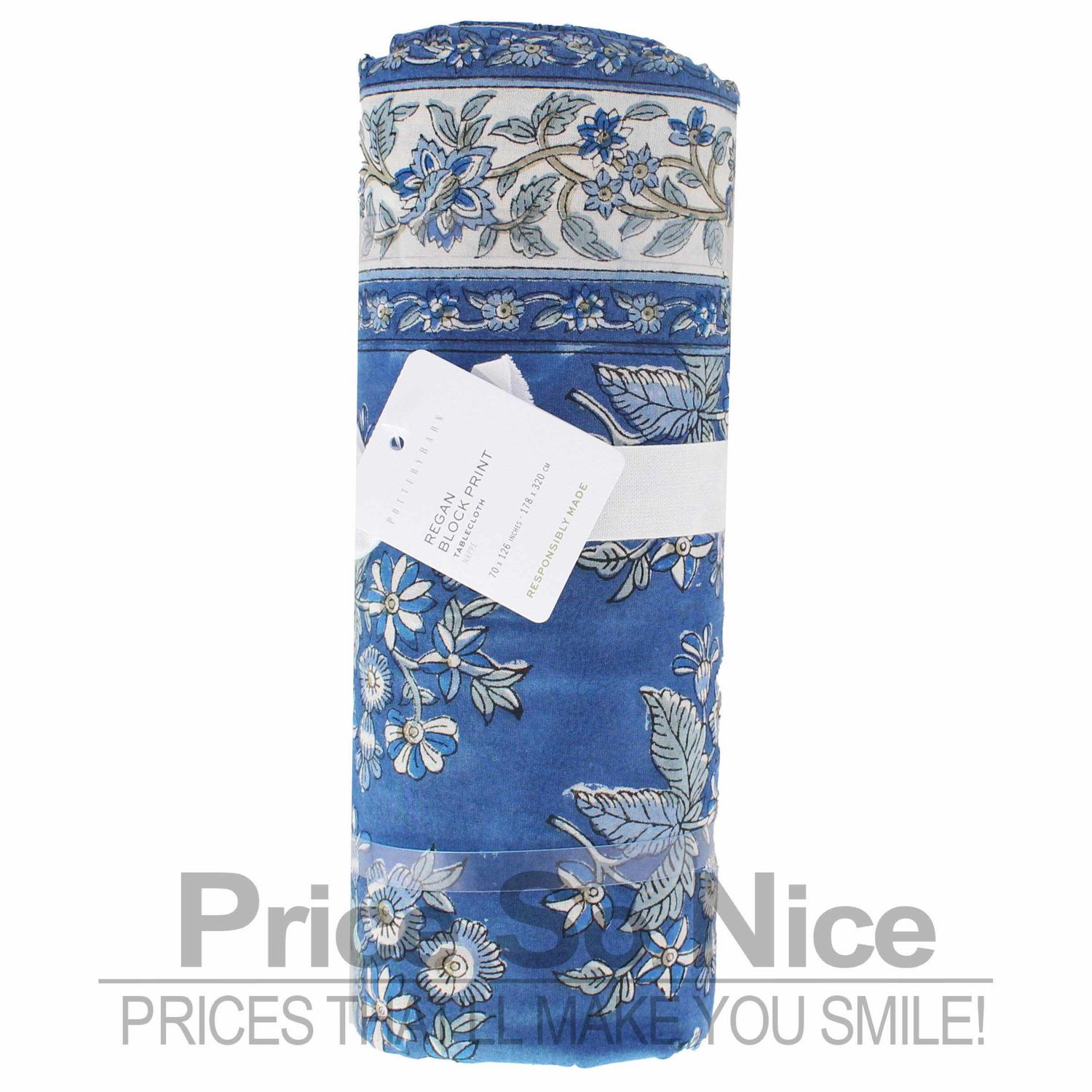 Pottery Barn Regan Block Print Cotton Tablecloth 70x126 MSRP $129