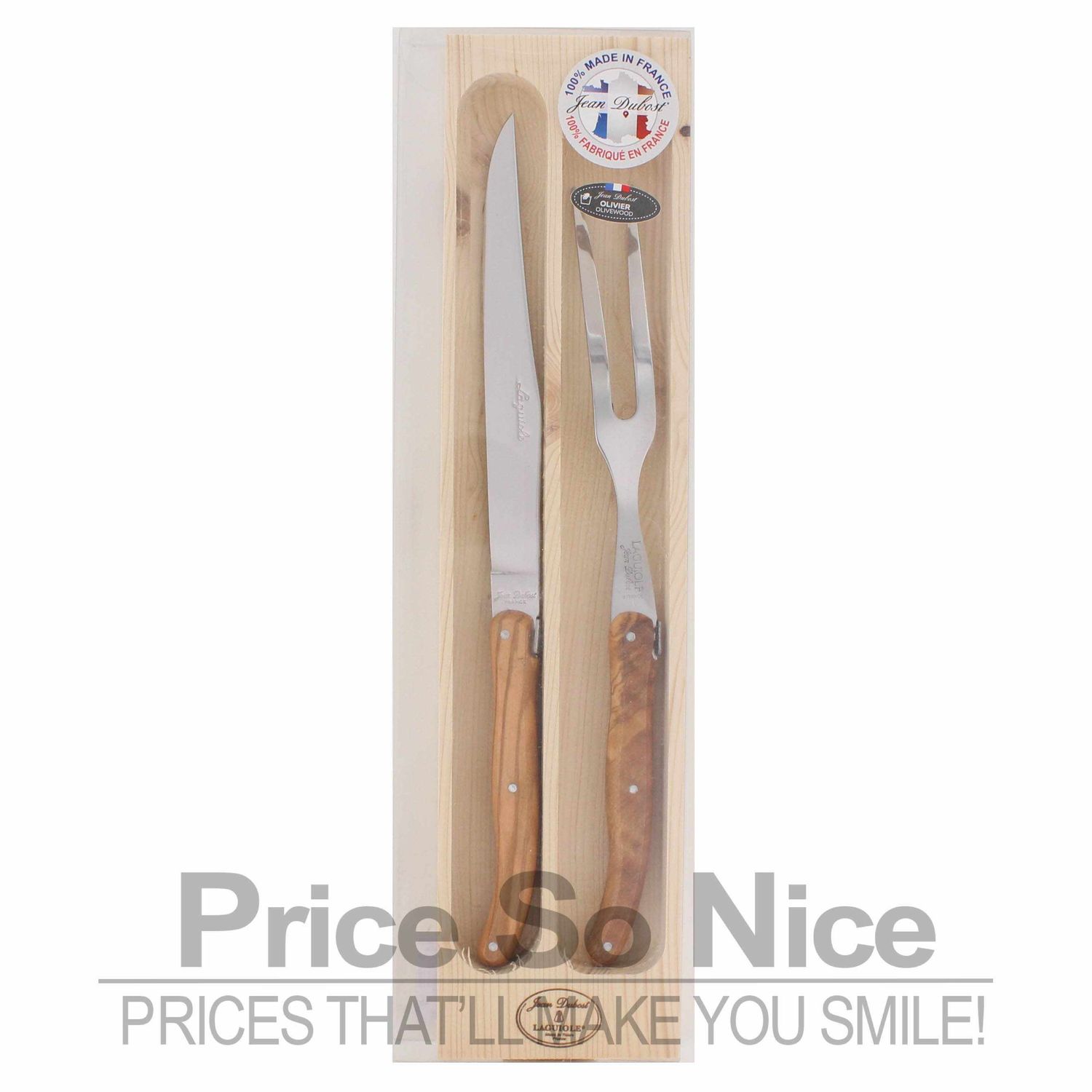 Jean Dubost Laguiole Olivewood 2 Piece Meat Knife Carving Set MSRP $150