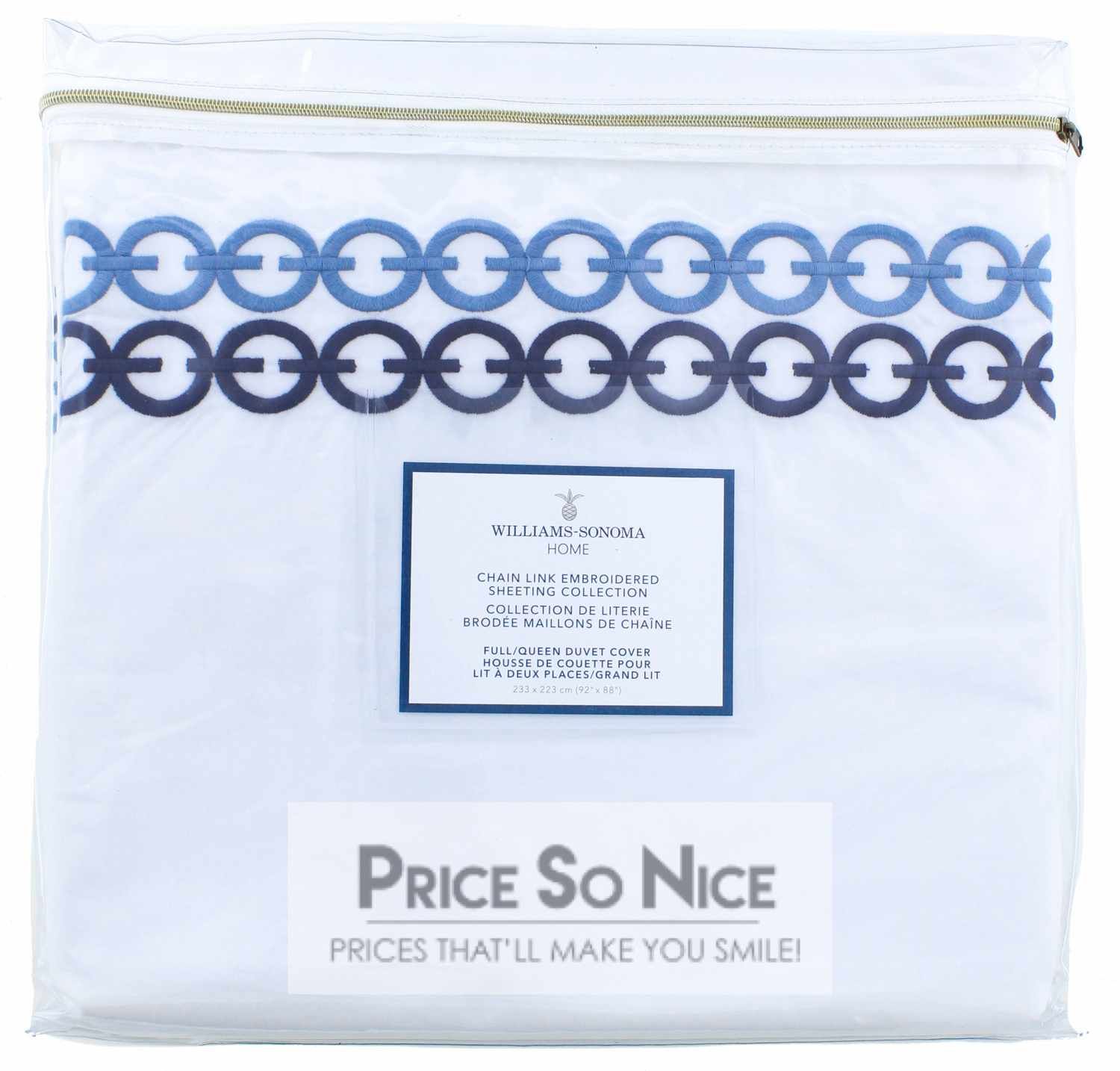 Williams Sonoma Home Blue/Navy Chain Link Embroidered Full/Queen Duvet Cover