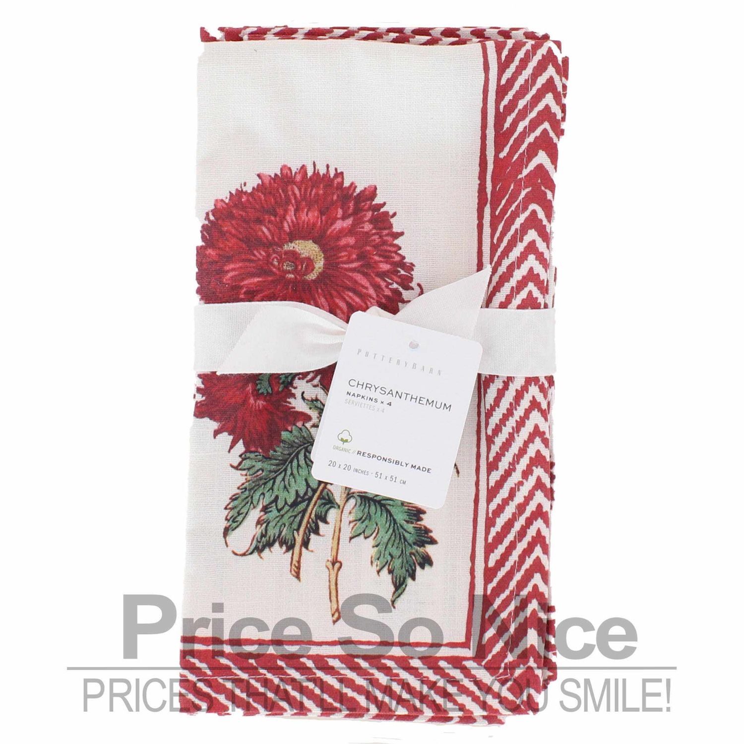 Pottery Barn Red Chrysanthemum Organic Cotton Napkins - Set of 4 MSRP $48