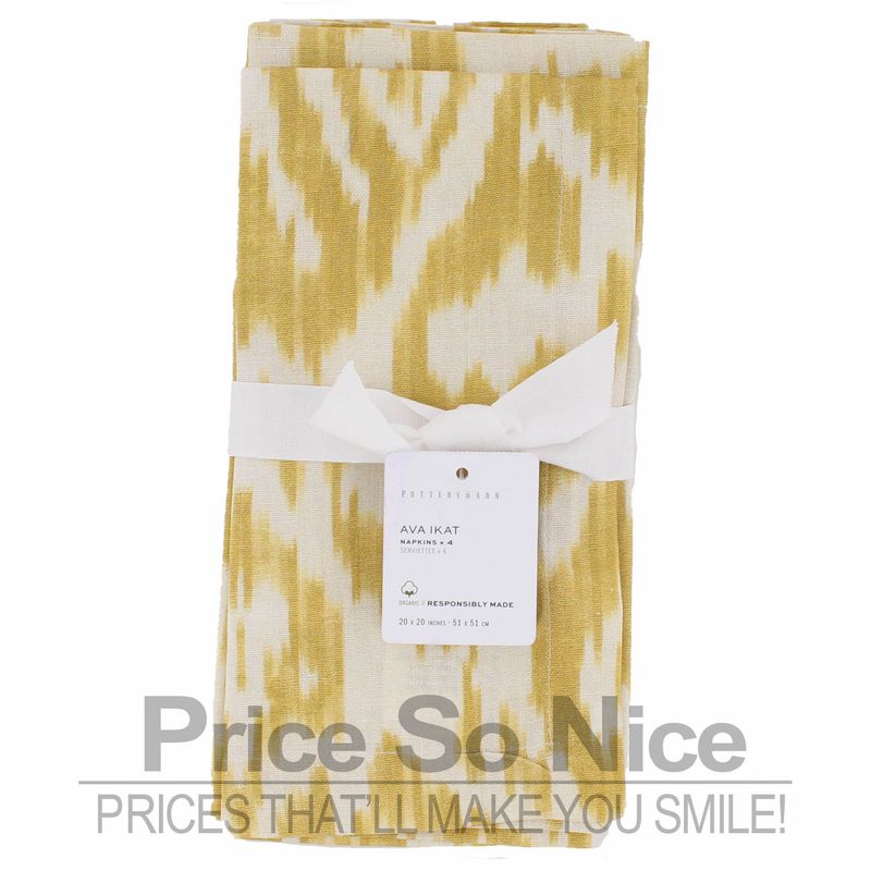 Pottery Barn Yellow Ava Ikat Print Organic Cotton Napkins - Set of 4, MSRP $40