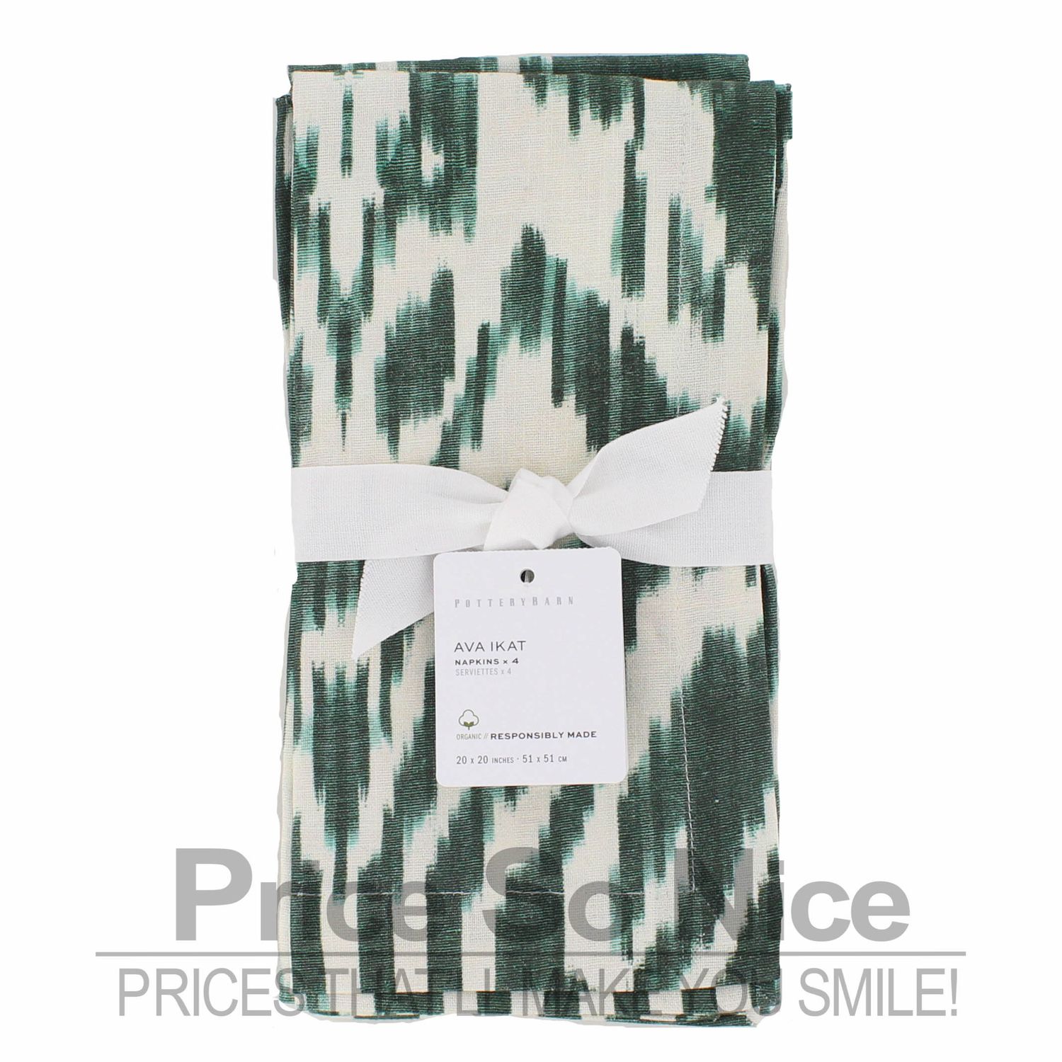 Pottery Barn Green Ava Ikat Print Organic Cotton Napkins - Set of 4, MSRP $40