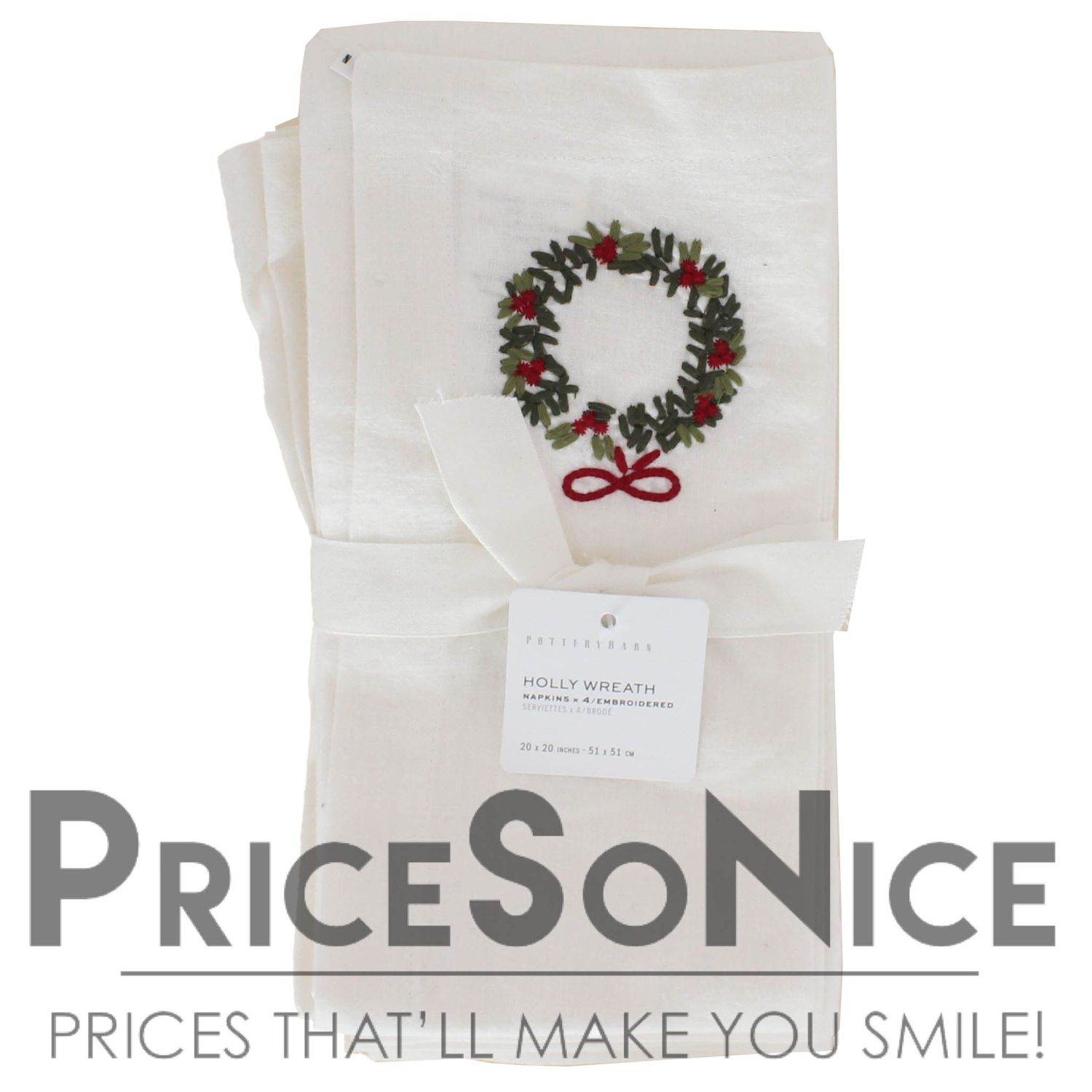 Pottery Barn Holly Wreath Embroidered Napkins - Set of 4 MSRP $48