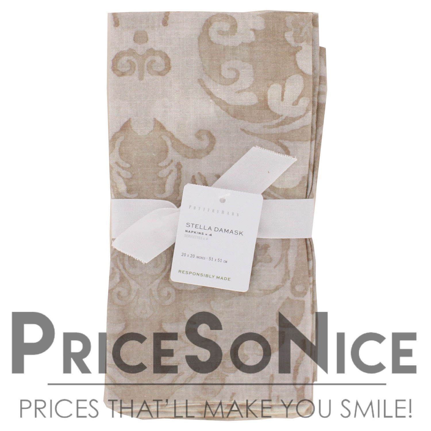 Pottery Barn Stella Damask Flax Napkins - Set of 4 MSRP $48.00