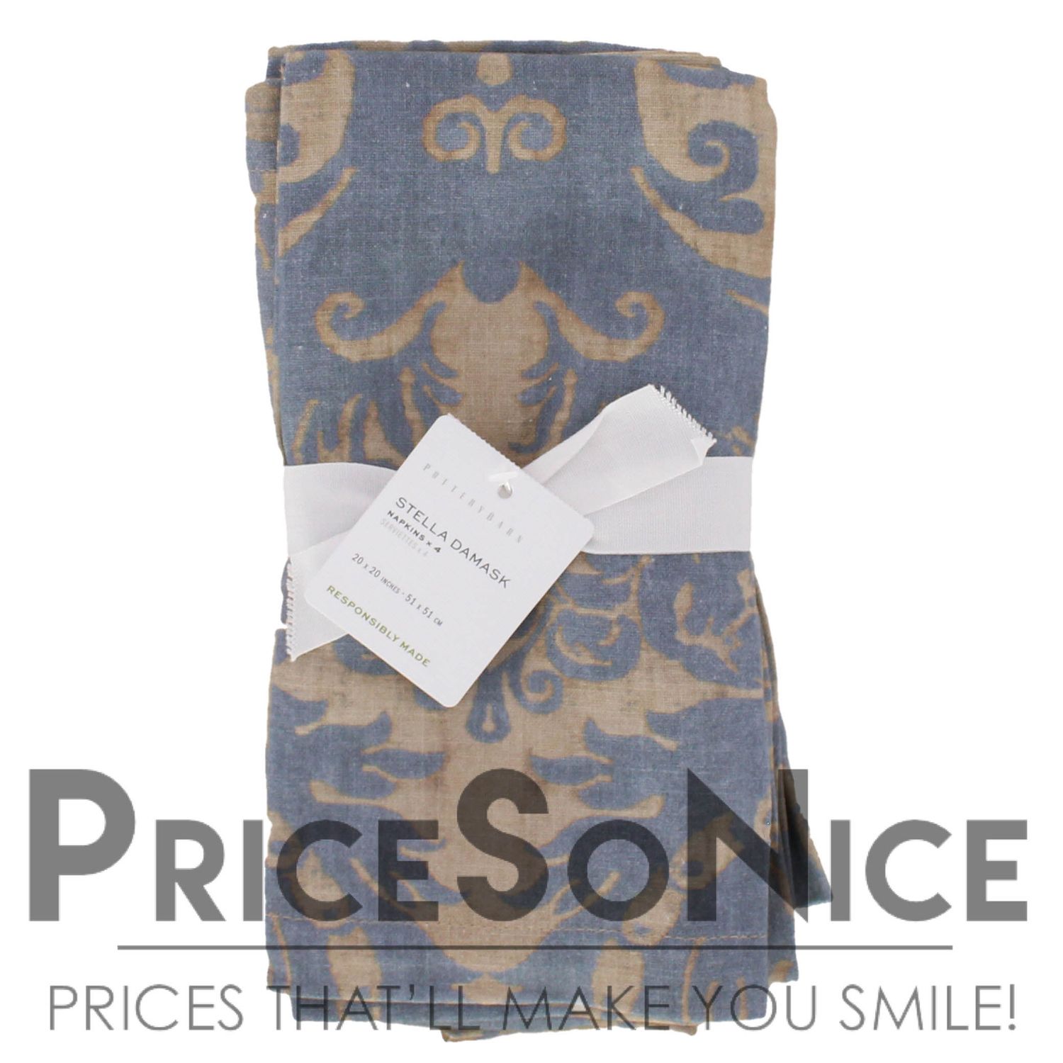 Pottery Barn Stella Damask Blue Napkins - Set of 4 MSRP $48.00