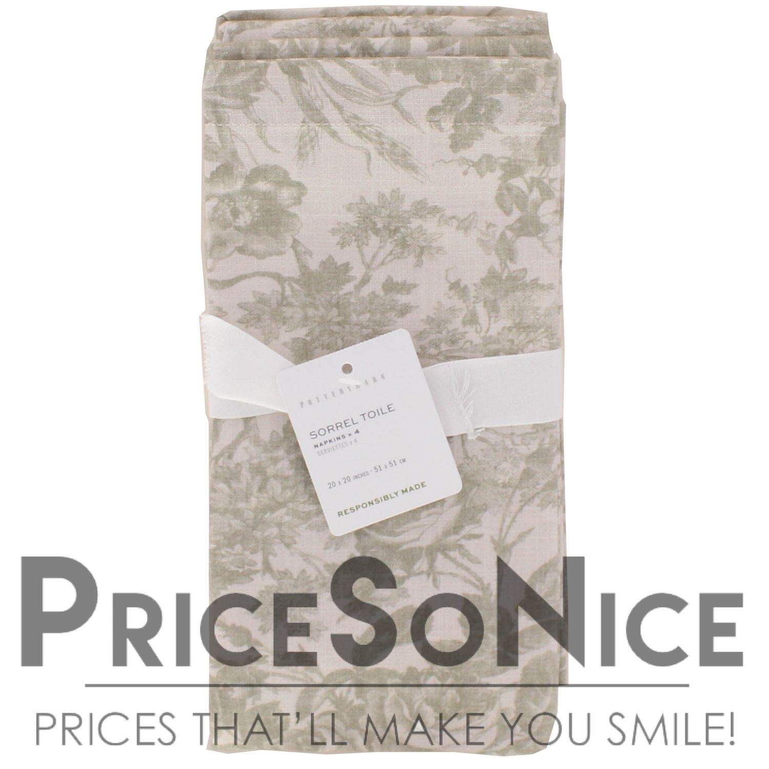 Pottery Barn Sorrel Toile Loden Print Organic Napkins - Set of 4, MSRP $40