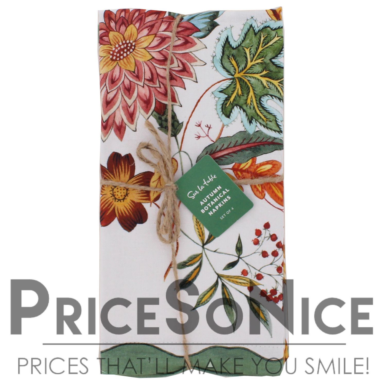 Sur La Table Autumn Botanical Harvest, Green, Napkins, Set of 4 MSRP $40