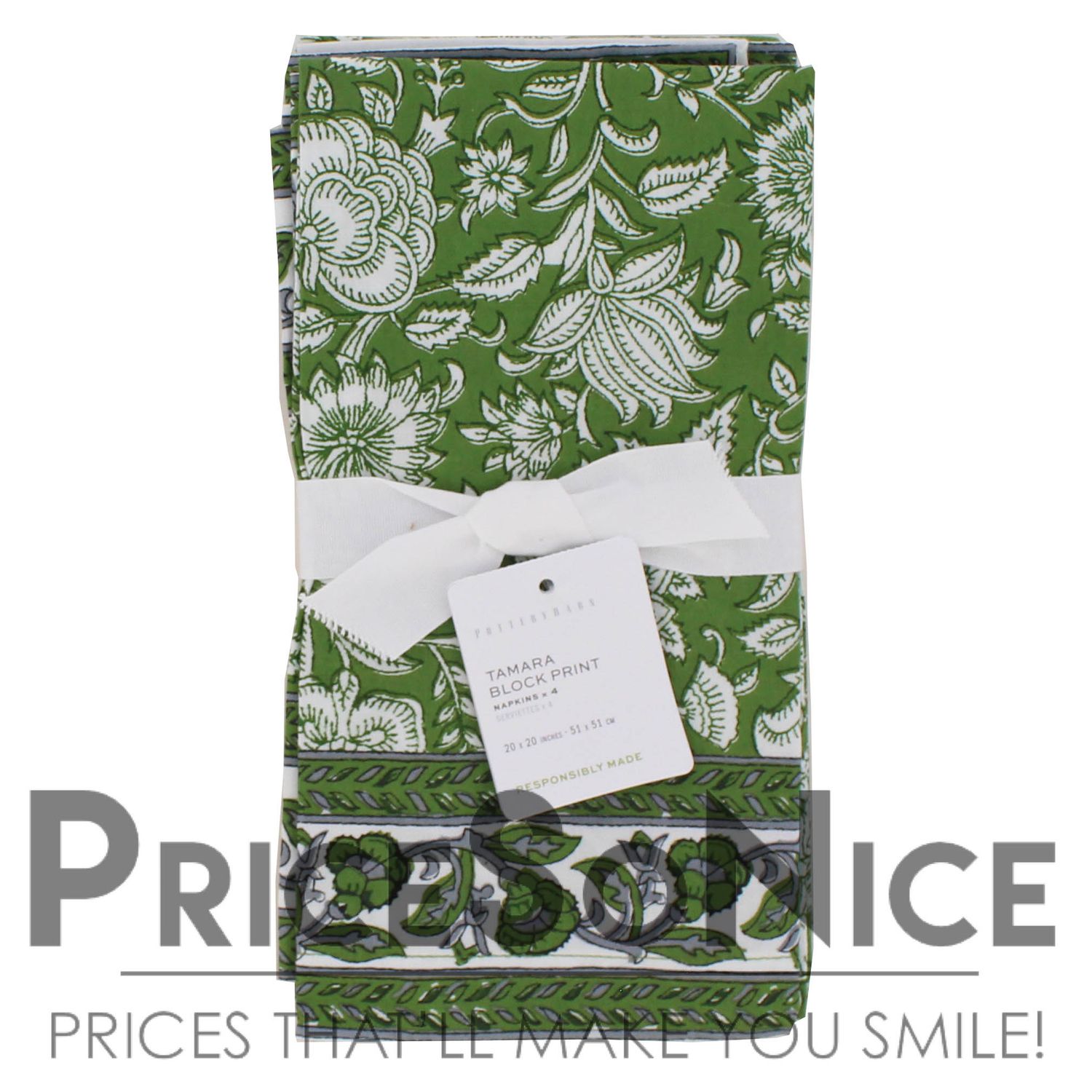 Pottery Barn Tamara Green Block Print Organic Napkins - Set of 4 MSRP $48.00