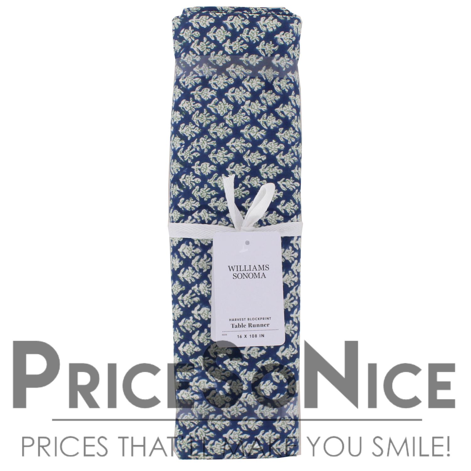 Williams Sonoma Harvest Blockprint Navy Blue Table Runner MSRP $70