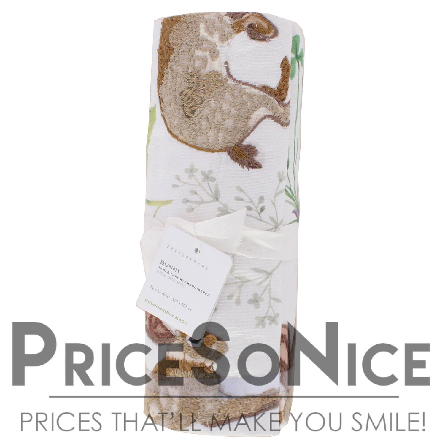 Pottery Barn Bunny Embroidered Cotton Table Throw - 50x50&quot; MSRP $149.00