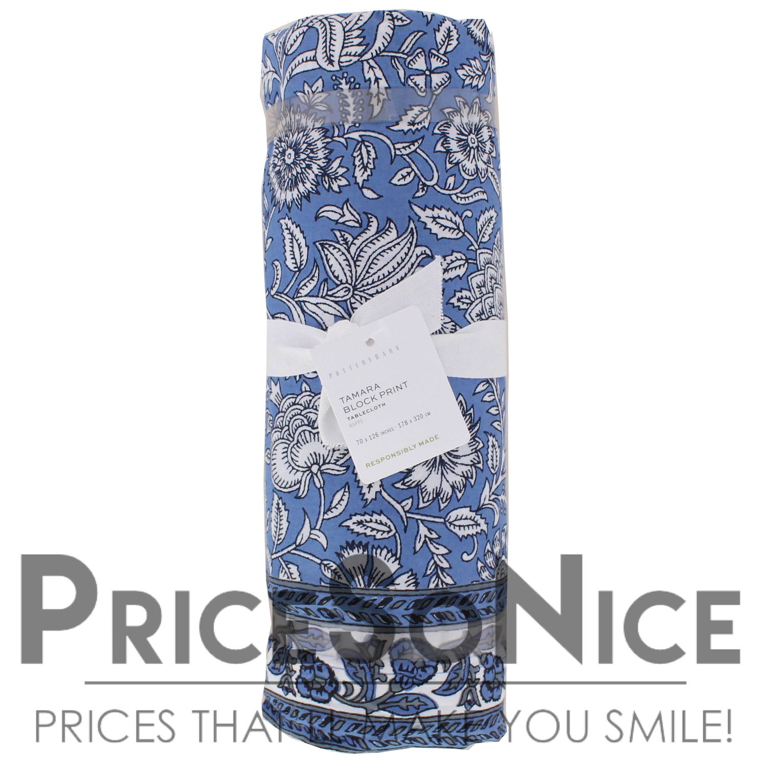 Pottery Barn Tamara Block Print Cornflower Blue Tablecloth - 70x126&quot; MSRP $129
