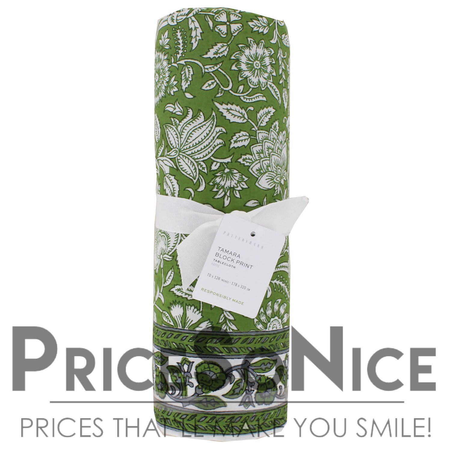Pottery Barn Tamara Block Print Green Tablecloth - 70x126&quot; MSRP $129