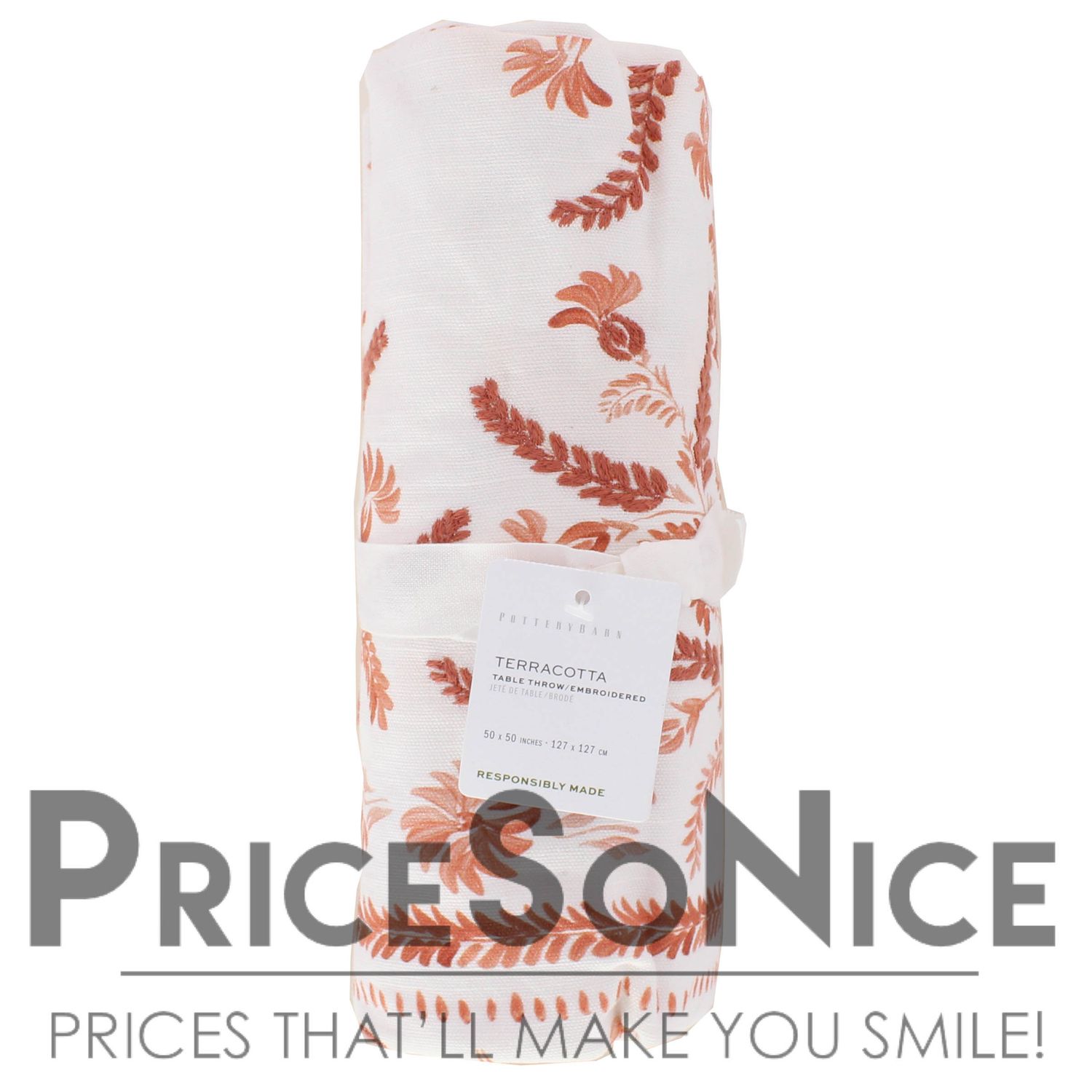Pottery Barn Terracotta Embroidered Cotton Table Throw - 50x50&quot; MSRP $129.00