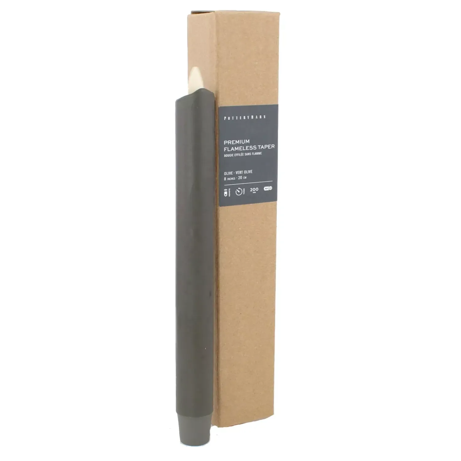 Pottery Barn Flickering Flameless Olive Taper Candle - 8&quot; - MSRP $59