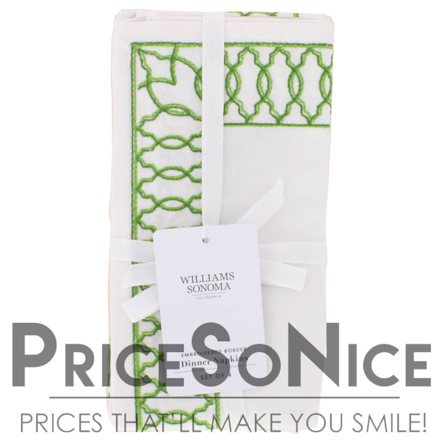 Williams Sonoma Embroidered Lattice Border Green Napkins, Set of 4 MSRP $50