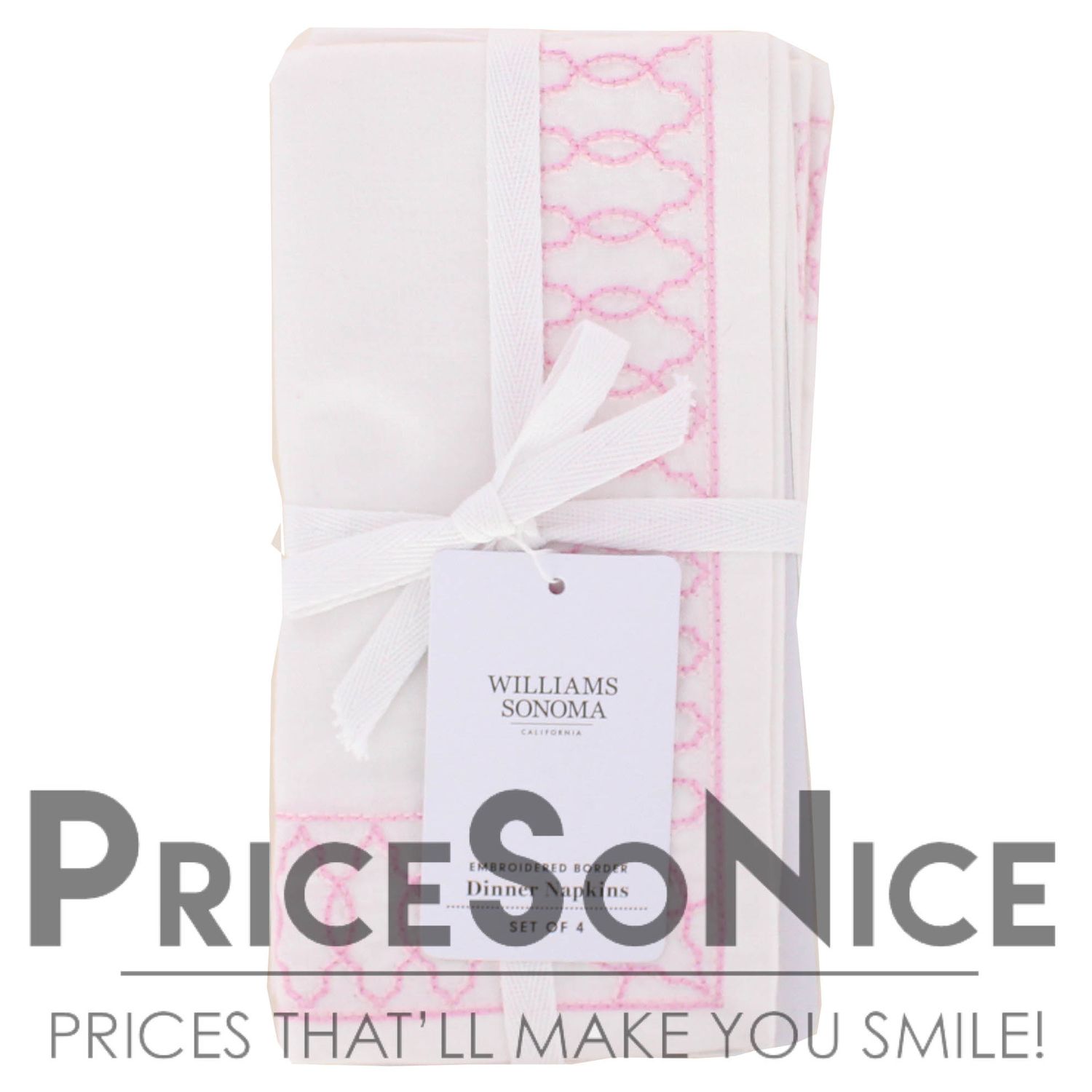 Williams Sonoma Embroidered Lattice Border Pink Napkins, Set of 4 MSRP $50