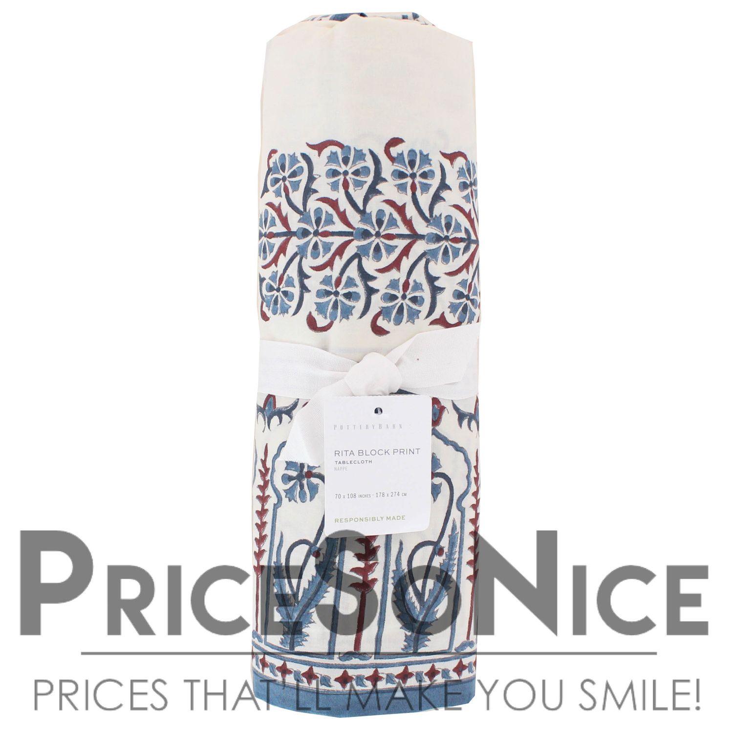Pottery Barn Rita Block Print Organic Cotton Tablecloth - 70x126&quot; MSRP $129