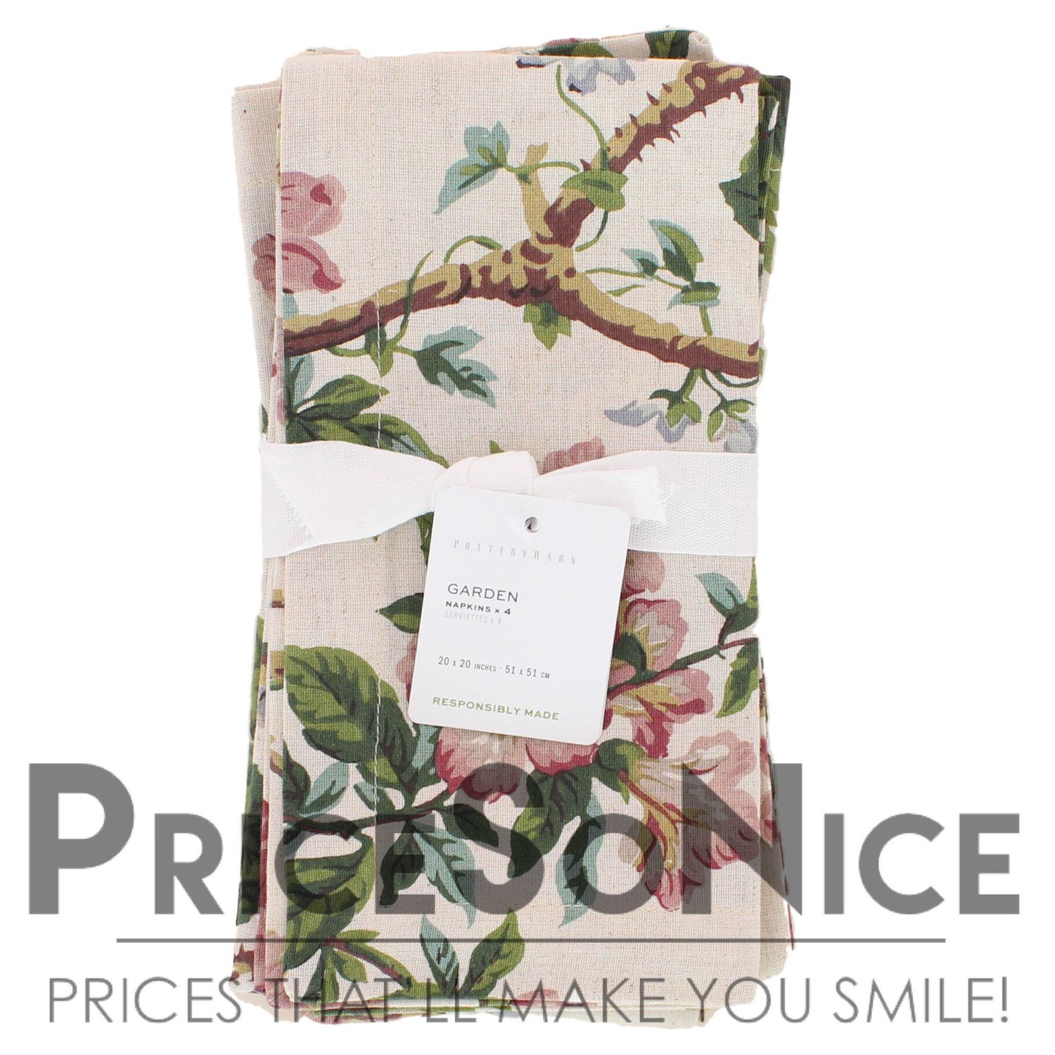 Pottery Barn Flax Garden Floral Cotton/Linen Napkins - Set of 4 MSRP $40