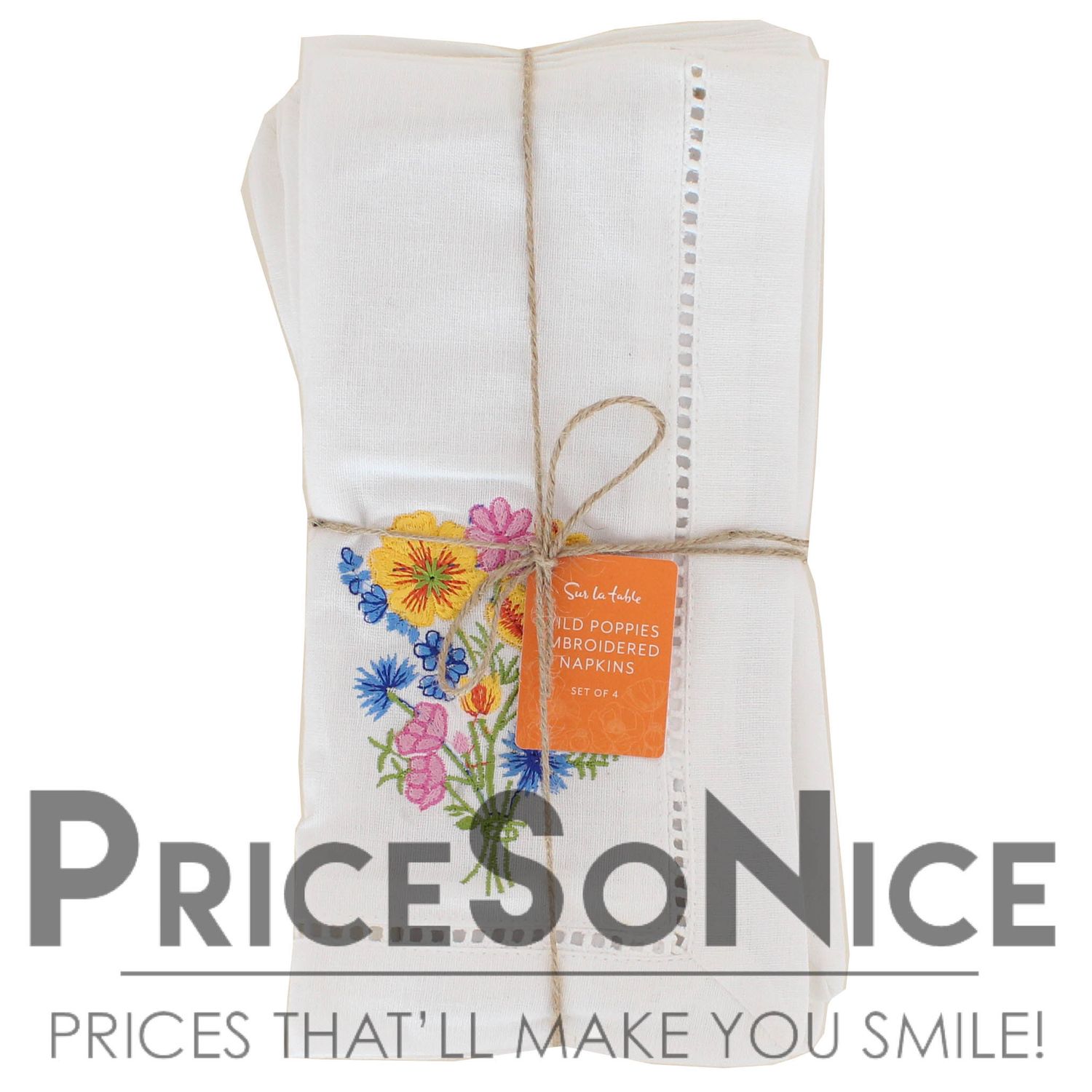 Sur La Table Wild Poppies Embroidered Napkins, Set of 4 MSRP $40