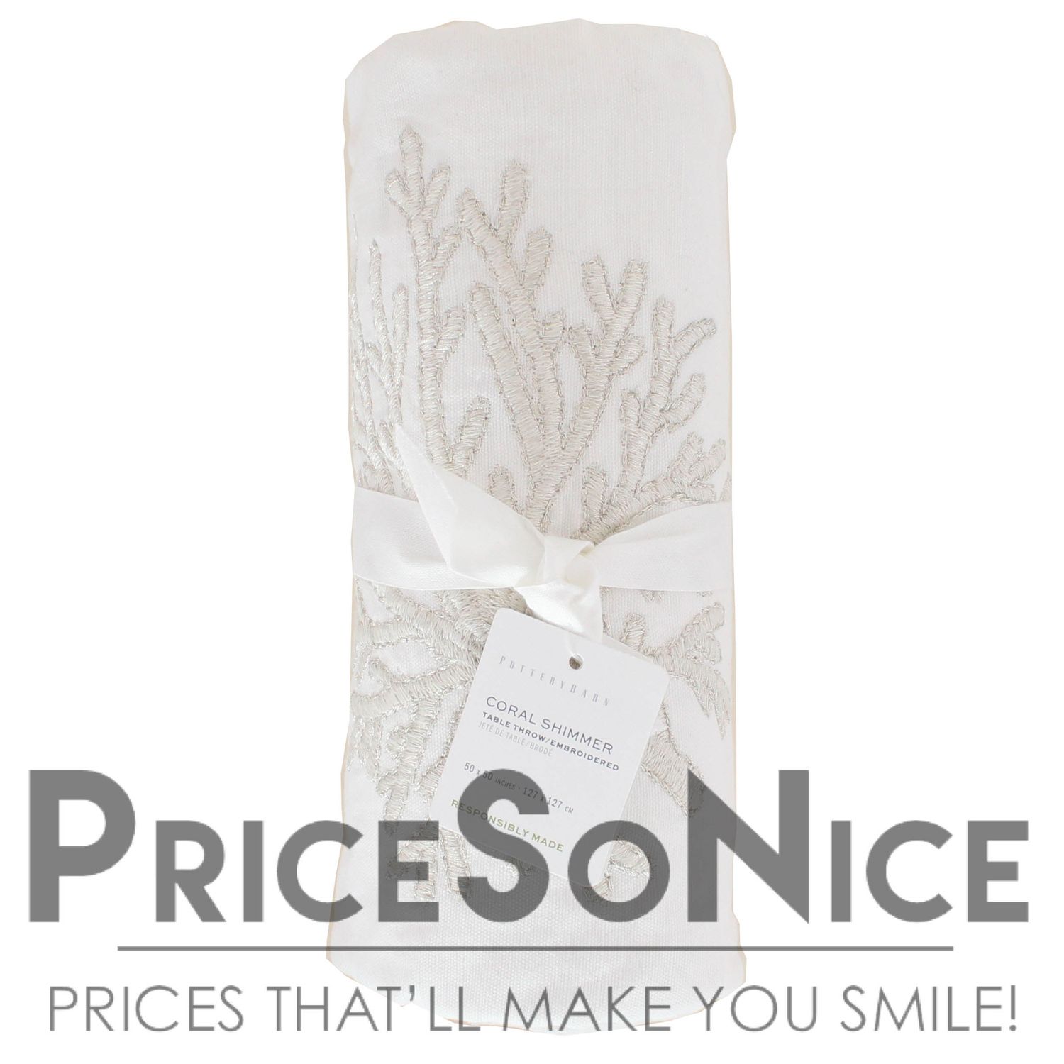Pottery Barn Coral Shimmer Embroidered Cotton Table Throw - 50x50&quot; MSRP $149.00