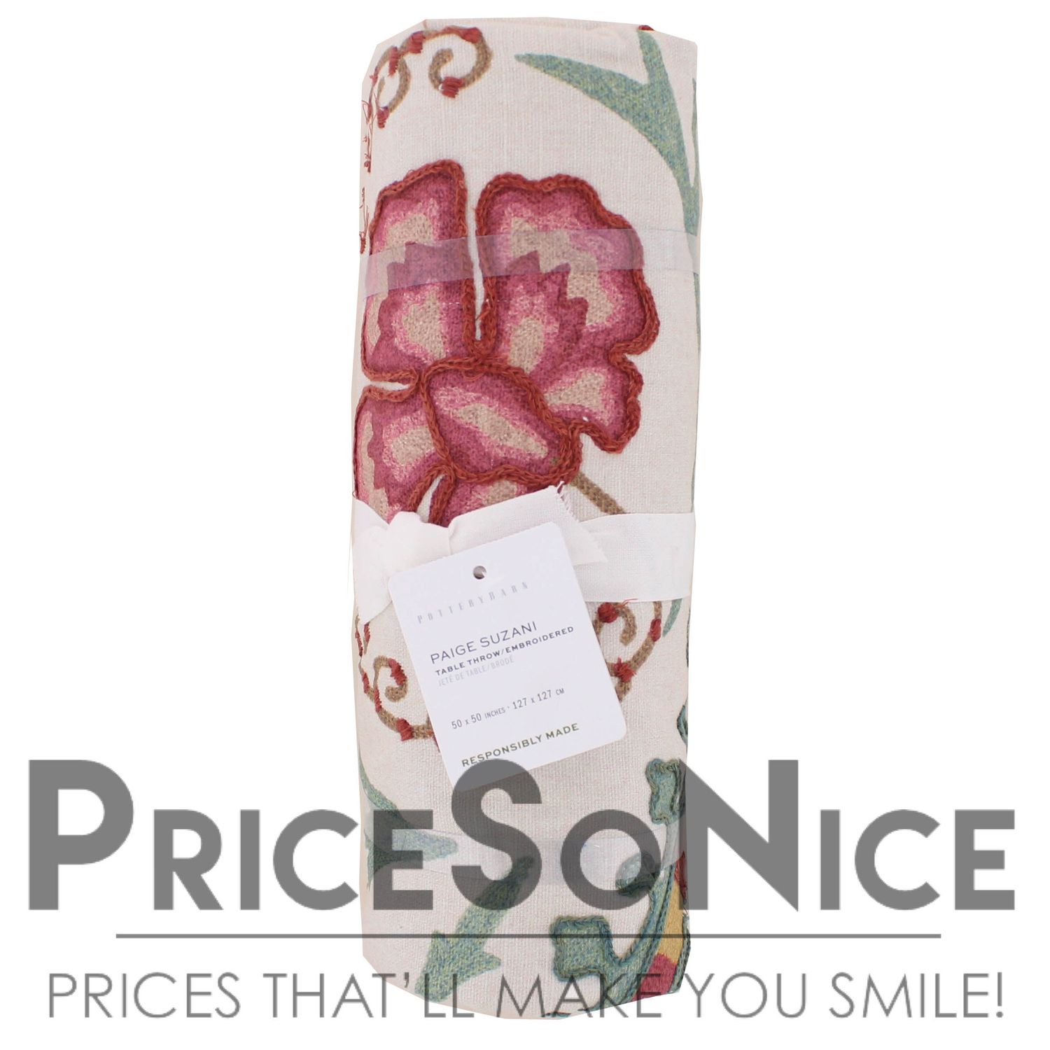 Pottery Barn Paige Suzani Embroidered Cotton Table Throw - 50x50&quot; MSRP $149.00