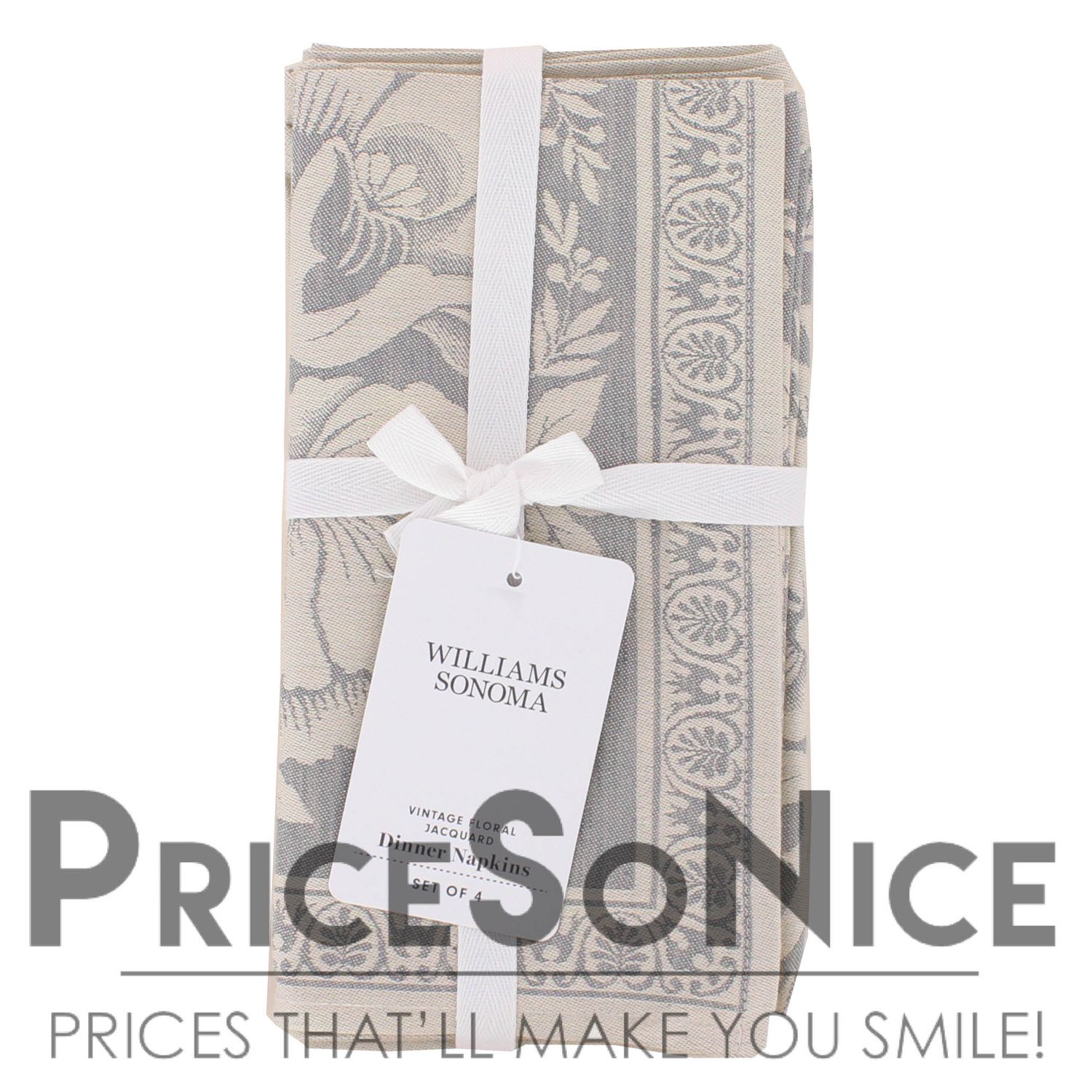 Williams Sonoma Vintage Floral Jacquard Napkins Grey, Set of 4 MSRP $60