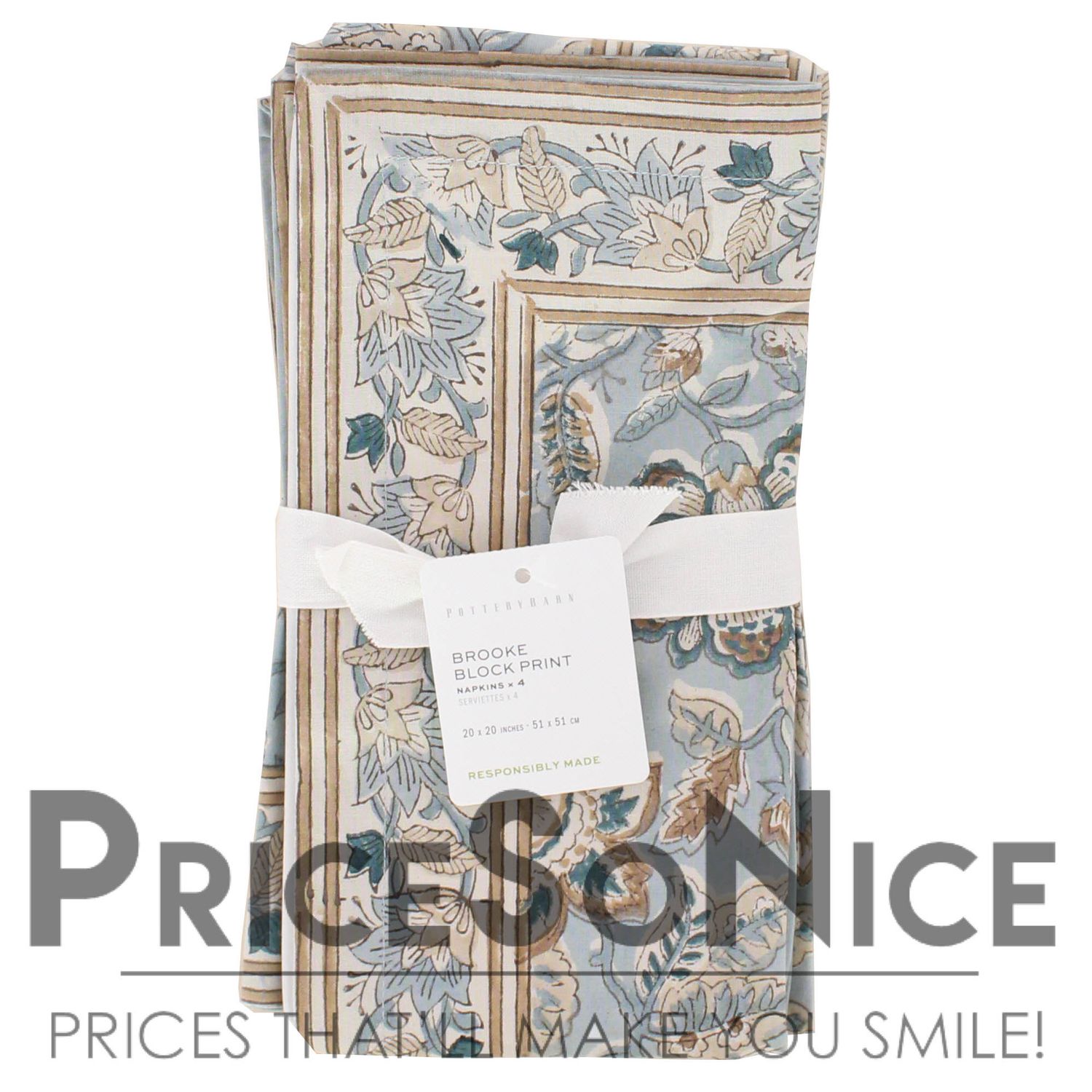 Pottery Barn Brooke Block Print Napkins - Set of 4 MSRP $48.00