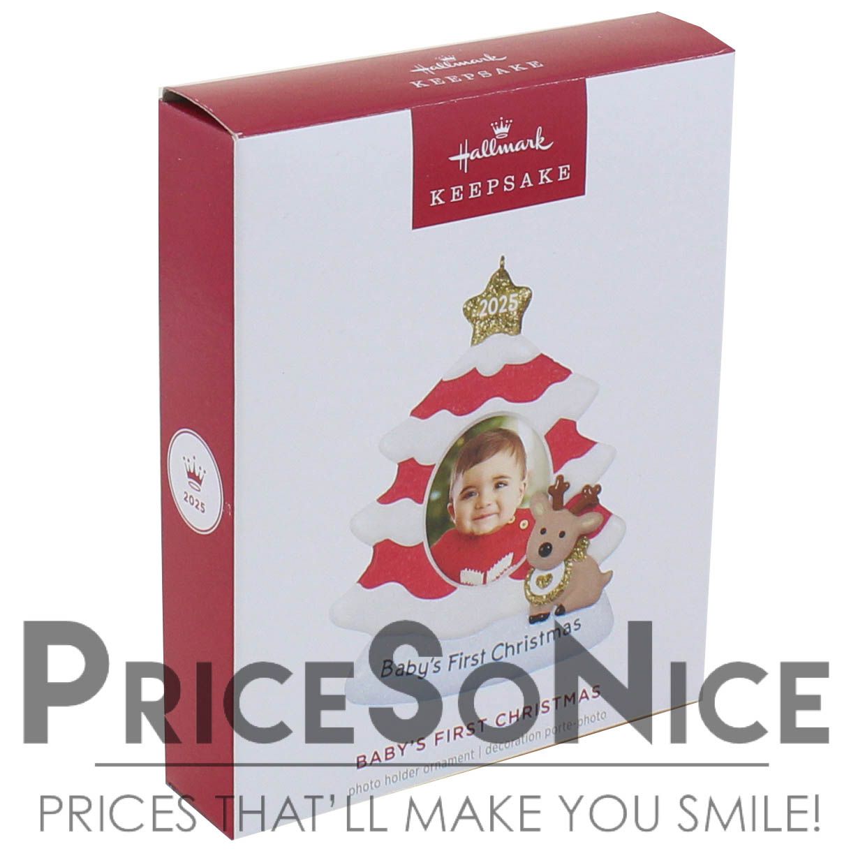Hallmark Ornament 2025 Baby&#39;s First Christmas Red and White Tree Photo Frame BAD BOX