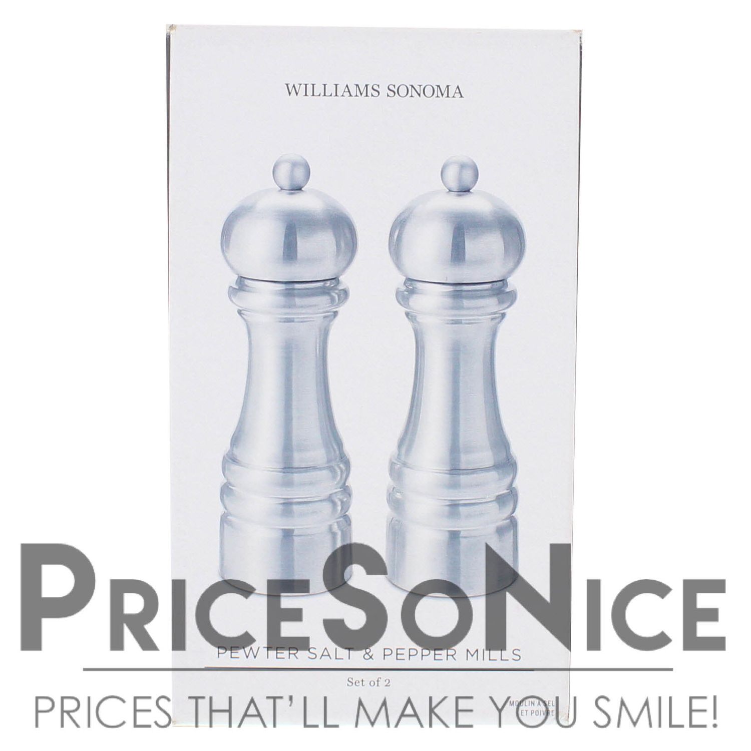 Williams Sonoma Polished Pewter Salt &amp; Pepper Mills Set, 7&quot; MSRP $250