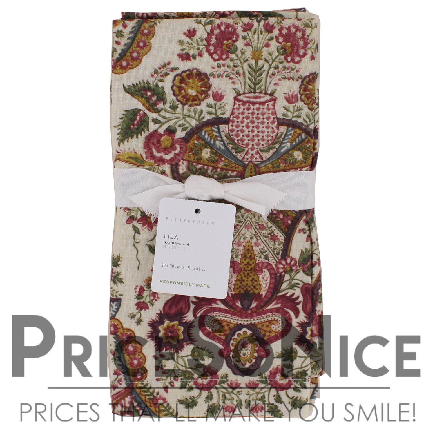 Pottery Barn Lila Floral Cotton Napkins - Set of 4 MSRP $50