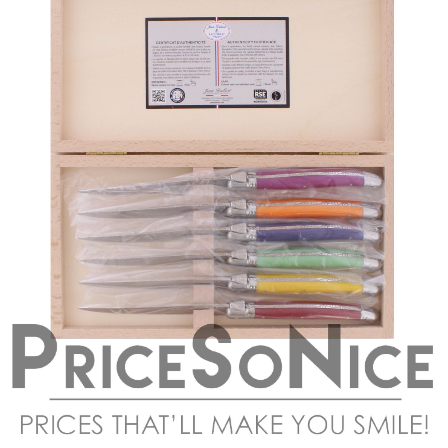 Jean Dubost Rainbow Steak Knives, in Wooden Box, Set of 6, MSRP $170