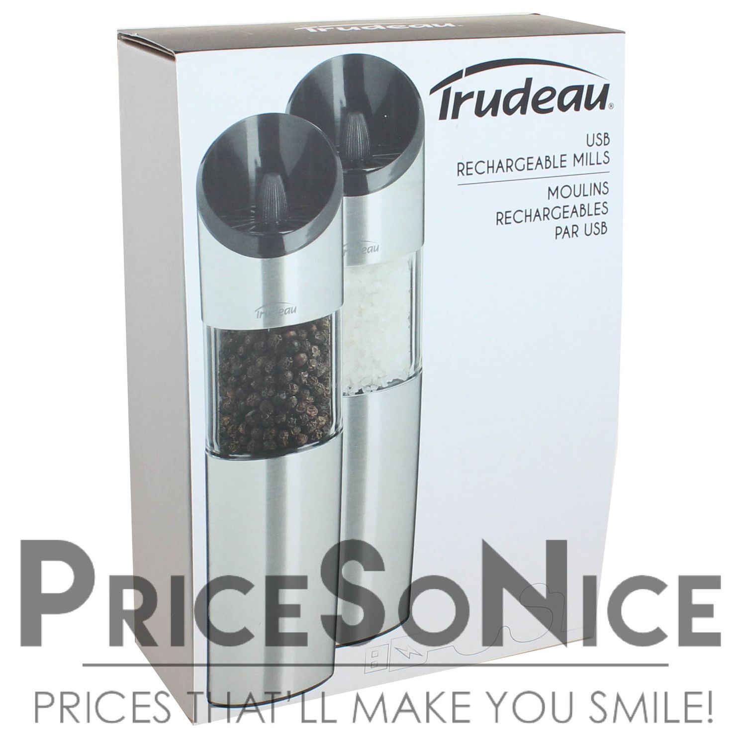 Trudeau Electric Rechargeable Stainless Steel Salt &amp; Pepper Mill Set MSRP $218