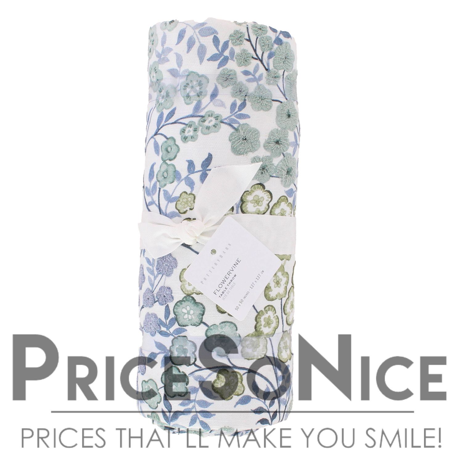 Pottery Barn Flowervine Cotton Table Throw, Blue, MSRP $149