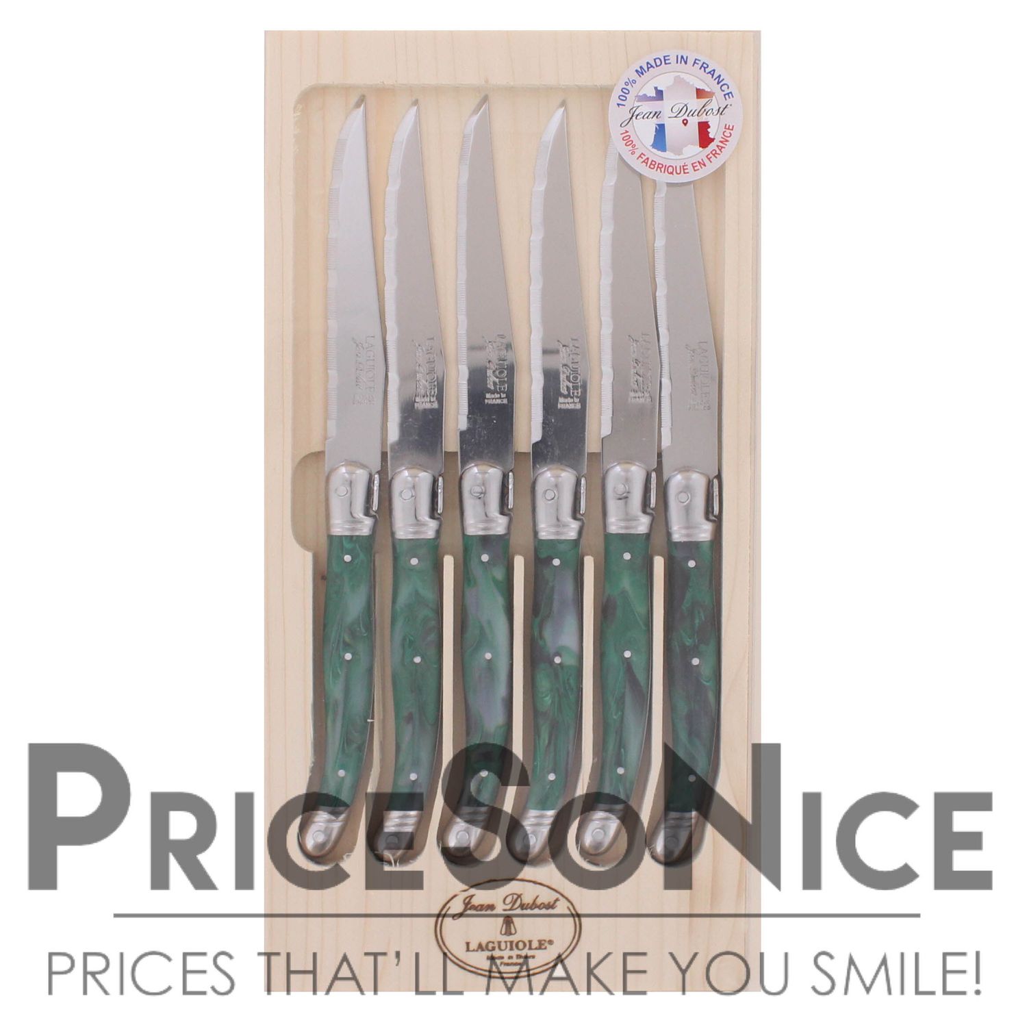 Jean Dubost Laguiole Steak Knives, Set of 6, Green Malachite MSRP $80