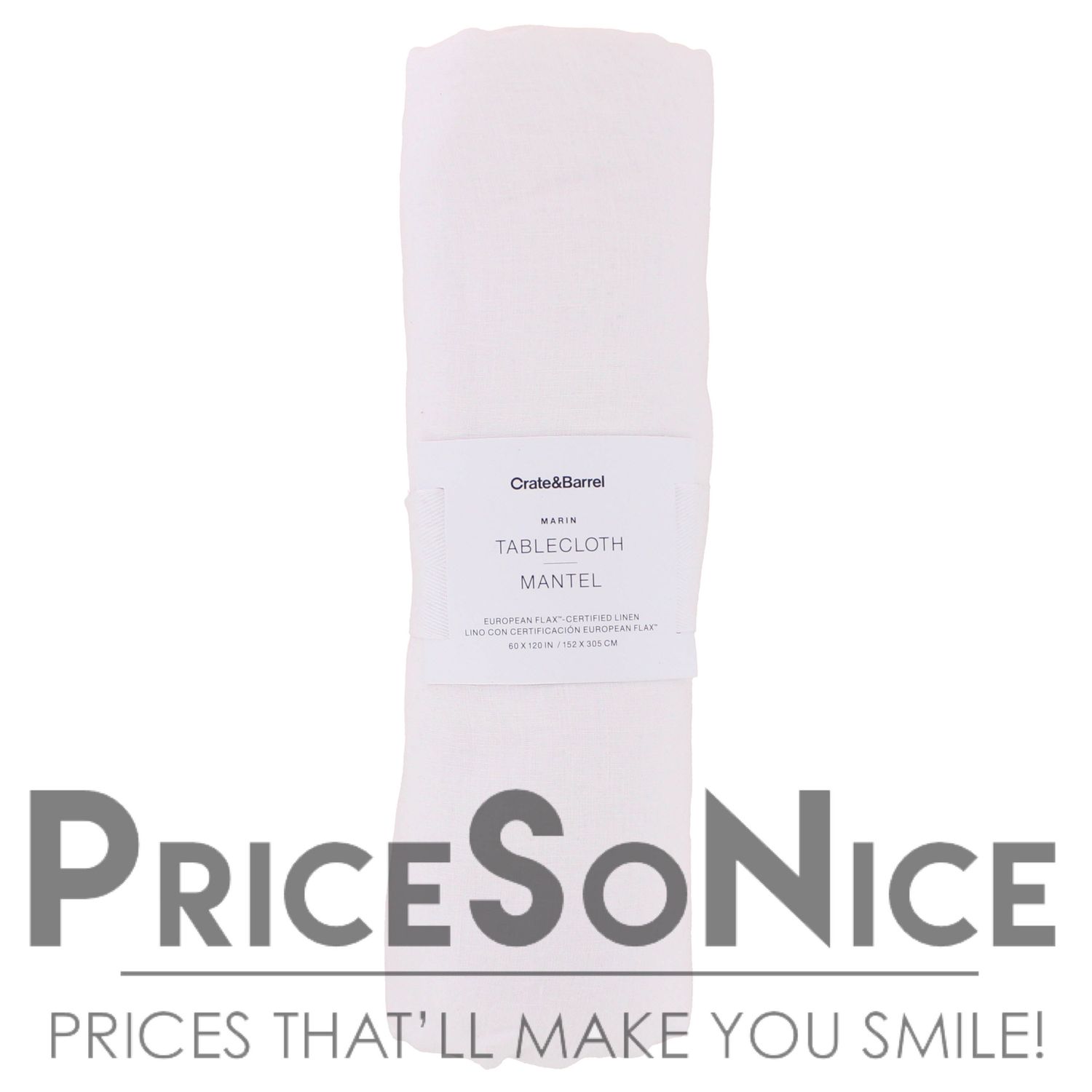 Crate &amp; Barrel Marin 60"x120" White EUROPEAN FLAX Tablecloth, MSRP $160