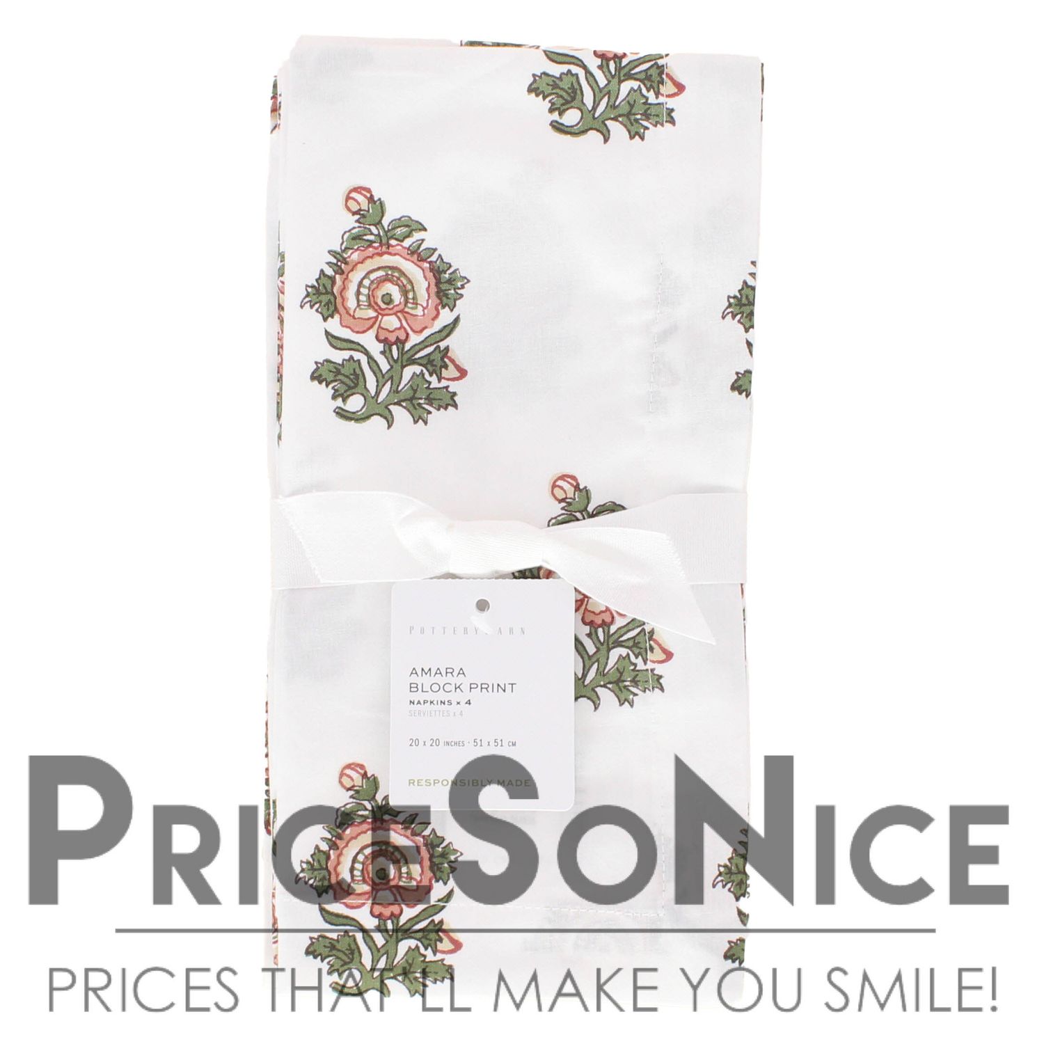 Pottery Barn Amara Floral Block Print Organic Cotton Napkins, Set of 4 MSRP $48